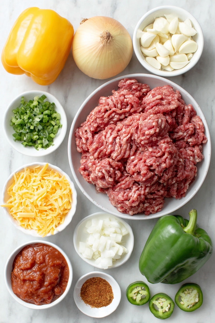 Flat lay of fresh raw 80/20 ground beef in a simple white ceramic bowl, a whole large yellow onion with a few diced pieces on a white plate, one whole green bell pepper and one whole red bell pepper both halved and diced on a white ceramic dish, four large peeled garlic cloves on a white plate, a small white bowl with sea salt, another small white bowl with freshly cracked black pepper, a small white bowl filled with drained kidney beans, a small white bowl holding crushed tomatoes, a small white bowl filled with thick tomato paste, two whole beef bouillon cubes placed on the surface, a small white bowl with mild chili powder, a small white bowl of ground cumin, a small white bowl of dried oregano, a small white bowl containing granulated sugar, a small white bowl with ground cayenne pepper, a small white bowl of chopped fresh cilantro, a small white bowl with chopped green onions, a small white bowl containing sour cream, a small white bowl of grated cheddar cheese, and a few thinly sliced jalapeño rings arranged symmetrically — all placed on a clean white marble surface, soft natural light, photo taken with an iPhone, professional food photography style, fresh ingredients, white ceramic bowls, no bottles, no duplicates, no utensils, no packaging --ar 2:3 --v 7 --p awthu7i m7354615311229779997 - Easy Ground Beef Chili, comfort food recipes, hearty chili ideas, quick dinner recipes, flavorful beef chili
