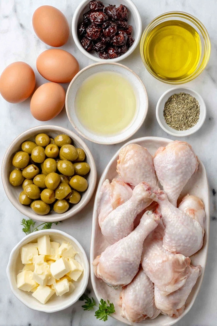 Flat lay of fresh whole garlic cloves, a small white ceramic bowl of shiny pitted Castelvetrano green olives, a small white ceramic bowl of dark prunes, a small white ceramic bowl of golden extra-virgin olive oil, a small white ceramic bowl of pale dry white wine, a small white ceramic bowl of greenish drained capers, a small white ceramic bowl of dried oregano leaves, three whole uncracked brown eggs, a few sprigs of bright fresh flat-leaf parsley, a few whole bone-in, skin-on chicken drumsticks and thighs arranged neatly, a small white ceramic bowl of light brown sugar, a small white ceramic bowl of unsalted butter cubes, and a small white ceramic bowl of pale chicken stock—all ingredients fresh and natural, perfectly balanced and symmetrically arranged on a clean white marble surface, soft natural light, photo taken with an iPhone, professional food photography style, fresh ingredients, white ceramic bowls, no bottles, no duplicates, no utensils, no packaging --ar 2:3 --v 7 --p awthu7i m7354615311229779997 - Sheet Pan Chicken Marbella with Olives and Prunes, Chicken Marbella, Mediterranean chicken bake, easy sheet pan dinner, flavorful chicken recipes