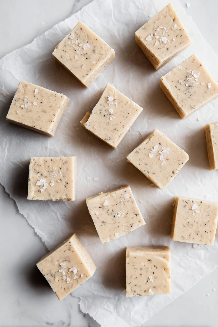 Four square pieces of light beige fudge with small dark specks on top of a white plate, sprinkled with white flakes. The fudge pieces are arranged close together, one piece slightly bitten. On the left side of the plate, there are two cinnamon sticks and a dried clove. The plate sits on a larger dark round plate which rests on a white marbled surface. Around the plates, there are green pine leaves and a red and white checkered cloth partially visible in the top right corner. Photo taken with an iphone --ar 2:3 --v 7 - White Chocolate Chai Fudge, White Chocolate Chai Fudge Recipe, Chai Spice Fudge, White Chocolate Dessert, Cozy Fudge Recipe