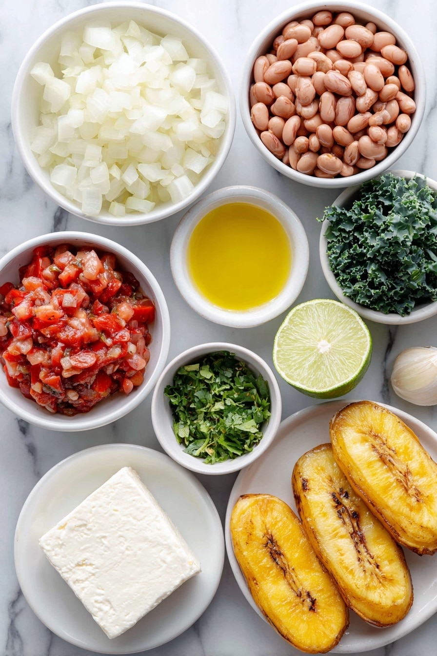 Flat lay of a small white onion halved and finely chopped, three whole garlic cloves with papery skins intact, one whole red bell pepper sliced to show inside, two peeled medium-ripe plantains sliced into half-moons, a small white bowl of bright red fire-roasted diced tomatoes, a small white bowl of drained pinto beans, a bunch of fresh kale shredded, a small white bowl of chopped fresh cilantro, a small white bowl of olive oil, one whole jalapeño pepper with stem, a small white bowl of creamy mayonnaise, a wedge of fresh queso fresco cheese, a whole lime cut in half showing juicy interior, all arranged symmetrically with balanced proportions in simple white ceramic bowls and plates, placed on a clean white marble surface, soft natural light, photo taken with an iPhone, professional food photography style, fresh ingredients, white ceramic bowls, no bottles, no duplicates, no utensils, no packaging --ar 2:3 --v 7 --p awthu7i m7354615311229779997 - Plantain Pinto Stew with Aji Verde, plantain stew recipe, pinto bean stew with green sauce, flavorful Latin American stew, hearty plantain and bean dish
