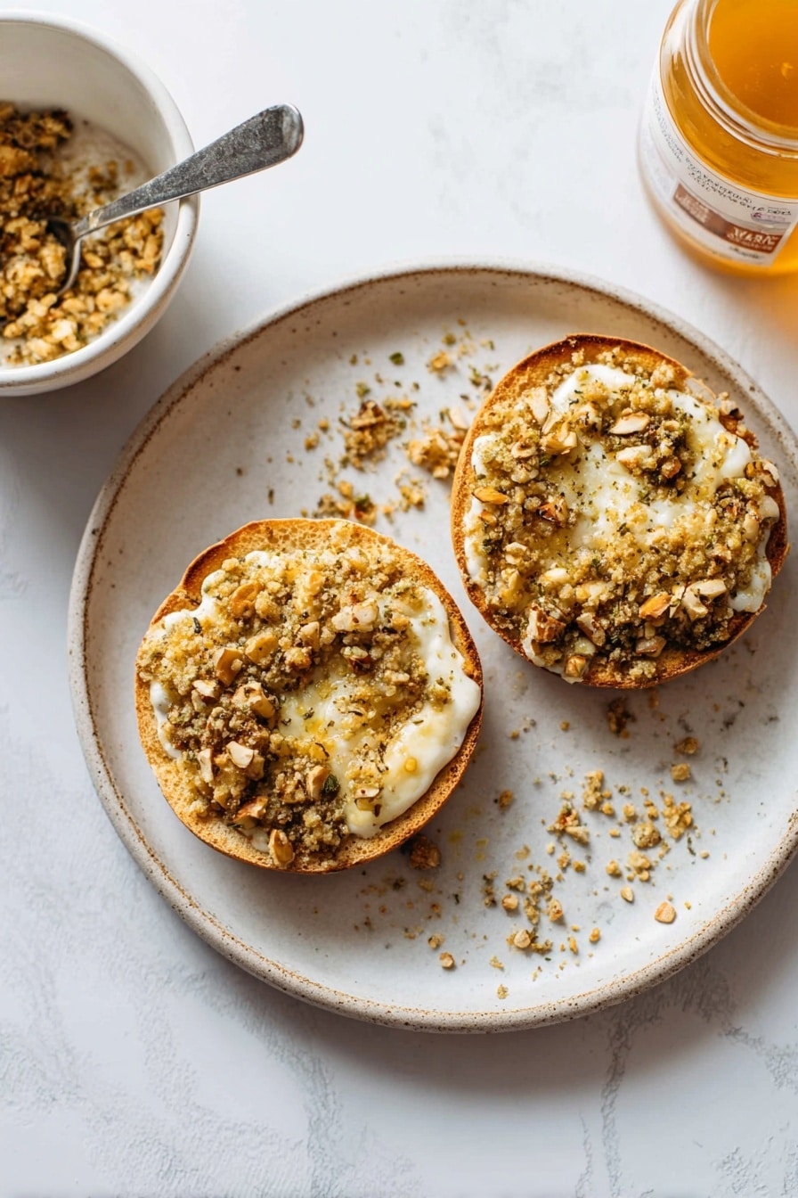 The image shows two halves of a toasted English muffin on a white plate with a white marbled texture background. Each half has a golden-brown, slightly crispy edge and is topped with a layer of melted butter that is partly soaking into the muffin. The butter is mixed with small pieces of chopped nuts, mainly walnut and pistachio, which add a rough, crunchy texture. The nuts are spread in an uneven layer over the butter, giving the topping a speckled look with light brown, darker brown, and green bits. There are a few small crumbs scattered around the plate. Photo taken with an iphone --ar 2:3 --v 7 - English Muffin Baklava with Nuts and Honey, baklava-inspired breakfast, quick nutty dessert, easy baklava alternative, honey and nut snack