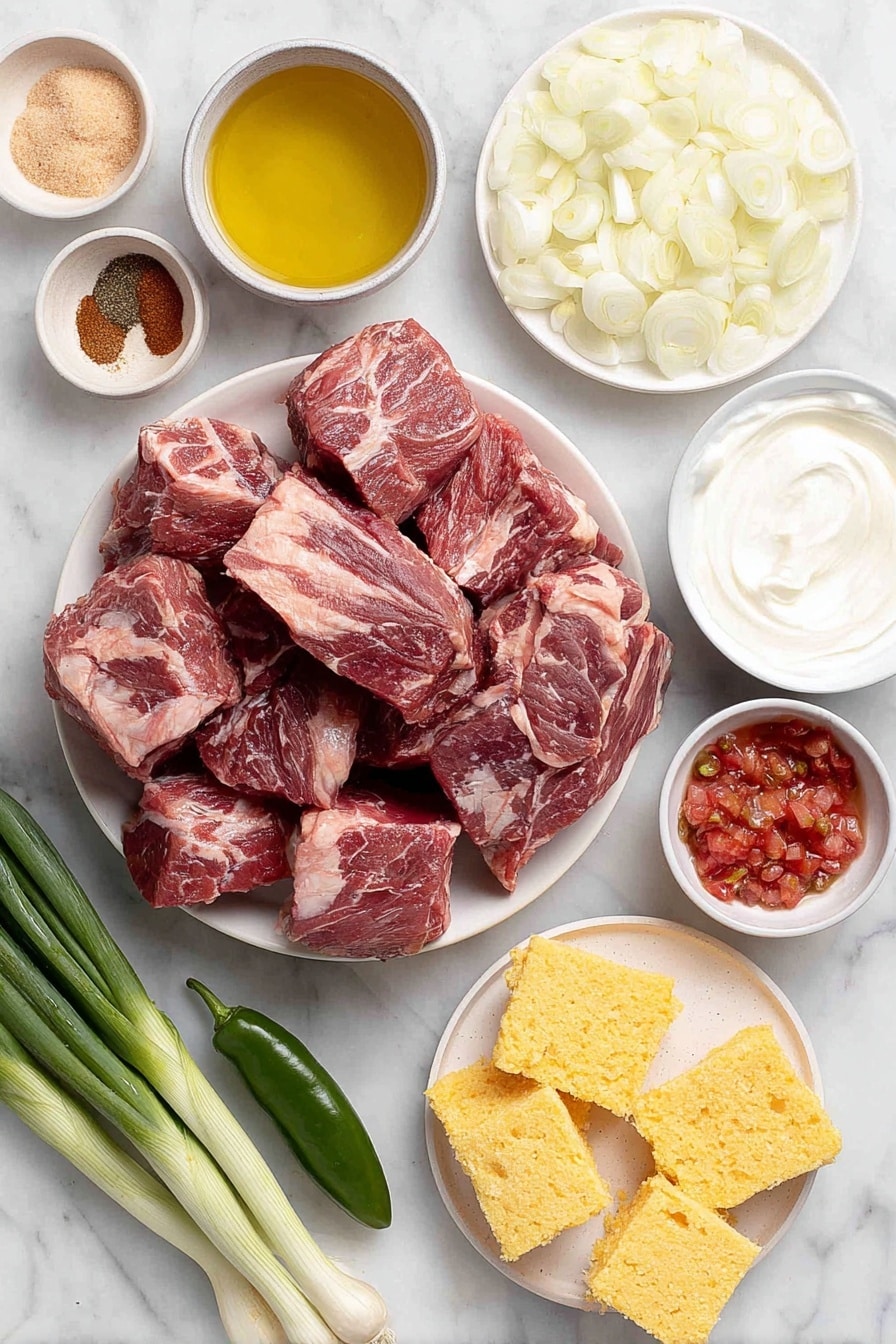 Flat lay of a small white ceramic bowl of golden avocado oil, a pile of large raw beef chuck roast cubes with trimmed fat, fine diced yellow onion, five peeled garlic cloves, a small white bowl of light brown sugar, a small white bowl of ground cumin powder, a small white bowl of deep red chili powder, two fresh green chili peppers, a white ceramic bowl filled with bright red crushed fire roasted tomatoes, fresh green onions with their roots attached, a dollop of creamy white sour cream in a small white bowl, a small mound of shredded sharp cheddar cheese, and a few golden cornbread squares arranged neatly on simple white ceramic plates, all placed on a clean white marble surface, soft natural light, photo taken with an iPhone, professional food photography style, fresh ingredients, white ceramic bowls, no bottles, no duplicates, no utensils, no packaging --ar 2:3 --v 7 --p awthu7i m7354615311229779997 - Slow Cooker Texas Beef Chili, Texas Beef Chili, hearty beef chili, easy slow cooker chili, flavorful beef chili