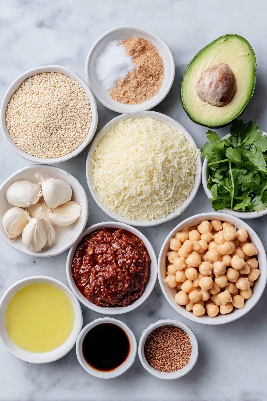 Flat lay of a small white ceramic bowl of avocado oil, two whole uncracked brown garlic cloves, a small white ceramic bowl of brown sugar, a small white ceramic bowl of red curry paste, a small white ceramic bowl of creamy full-fat coconut milk, a small white ceramic bowl of soy sauce, a small white ceramic bowl of cooked chickpeas, a handful of fresh chopped bright green spinach, a small pile of fresh cilantro leaves, a simple mound of uncooked jasmine rice, all neatly arranged with perfect symmetry and balanced proportions, placed on a clean white marble surface, soft natural light, photo taken with an iPhone, professional food photography style, fresh ingredients, white ceramic bowls, no bottles, no duplicates, no utensils, no packaging --ar 2:3 --v 7 --p awthu7i m7354615311229779997 - Easy Chickpea Curry with Spinach and Rice, chickpea curry, vegetarian curry recipe, spinach curry, quick curry dinner
