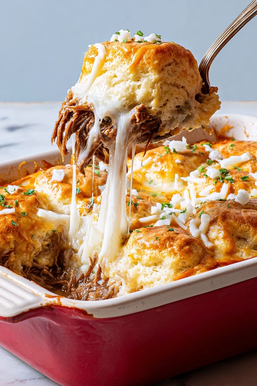 A close-up of a white baking dish with a red handle filled with layers of shredded brown meat at the bottom, topped with melted white cheese dripping down, and a thick, golden-brown biscuit layer on top sprinkled with small white cheese pieces and bits of green herbs, with a spoon lifting one biscuit showing the stretchy melted cheese and meat underneath, all placed on a white marbled surface photo taken with an iphone --ar 2:3 --v 7 - Cheesy Barbacoa Biscuit Bake, hearty barbacoa beef casserole, cheesy biscuit casserole, smoky beef biscuit bake, savory cheesy breakfast dish