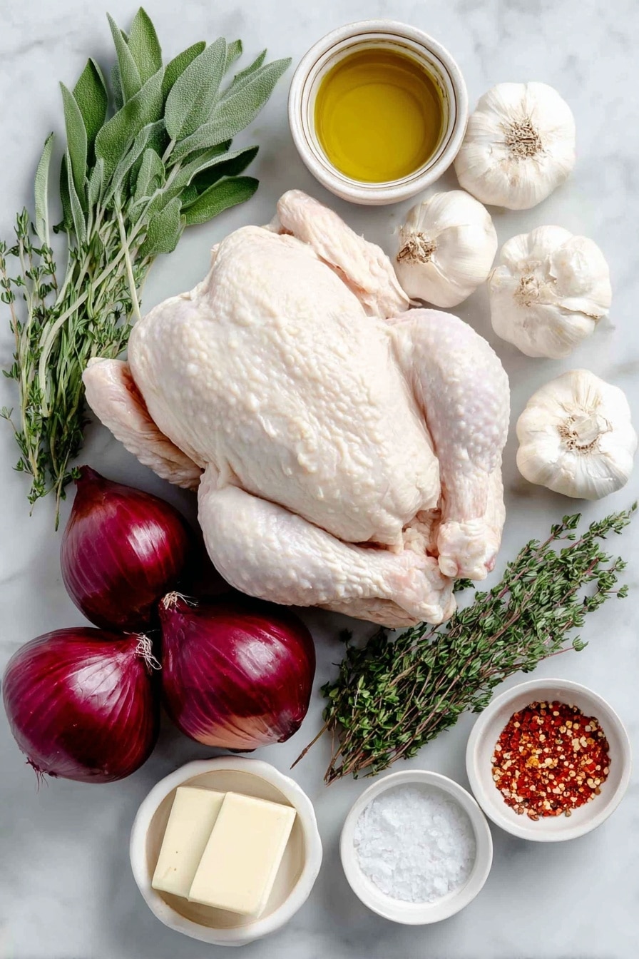 Flat lay of a whole raw chicken with pale skin, four medium red onions sliced into thick wedges arranged neatly, four whole uncracked garlic cloves with smooth white skins, a few sprigs of fresh sage with bright green leaves, a few sprigs of fresh thyme with delicate green leaves, a small white ceramic bowl of golden extra-virgin olive oil, a small white bowl of coarse kosher salt, a small white bowl of freshly ground black pepper, a small white bowl containing bright red paprika powder, a small white bowl holding soft unsalted butter, a small white bowl with clear sweet white vinegar, and a pinch of crushed red pepper flakes spread in a tiny white bowl, all placed on a clean white marble surface, soft natural light, photo taken with an iPhone, professional food photography style, fresh ingredients, white ceramic bowls, no bottles, no duplicates, no utensils, no packaging --ar 2:3 --v 7 --p awthu7i m7354615311229779997 - Sheet Pan Red Onion Chicken, easy sheet pan dinner, roasted chicken with red onions, weeknight chicken recipe, simple chicken supper