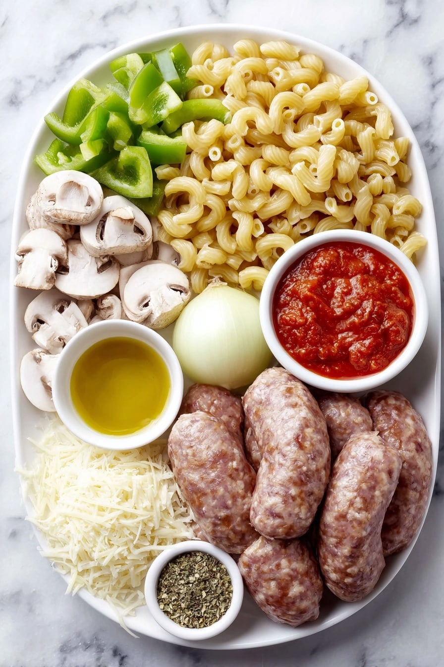 Flat lay of fresh cavatappi pasta nestled beside a handful of uncased Italian sausage links, crisp green bell pepper chunks, whole cremini mushrooms sliced neatly, a small mound of chopped yellow onion, two cloves of whole garlic unpeeled, a small white ceramic bowl filled with rich red tomato sauce, another bowl with diced bright red tomatoes, a third bowl holding golden extra-virgin olive oil, a small pile of shredded mozzarella cheese, a portion of sliced pepperoni, and tiny white dishes containing dried oregano, dried basil, and crushed red pepper flakes, all arranged symmetrically with perfect proportions on a simple white ceramic plate, placed on a clean white marble surface, soft natural light, photo taken with an iPhone, professional food photography style, fresh ingredients, white ceramic bowls, no bottles, no duplicates, no utensils, no packaging --ar 2:3 --v 7 --p awthu7i m7354615311229779997 - Easy Sausage Pizza Casserole, pizza casserole, sausage pasta bake, cheesy casserole recipes, quick comfort food recipes