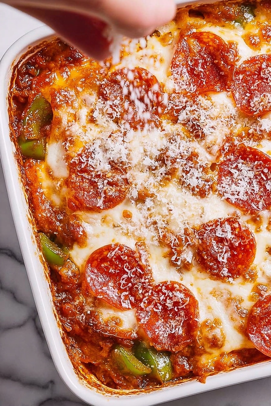 A close-up of a baked dish in a white rectangular pan on a white marbled surface shows three visible layers: the bottom layer has a rich tomato sauce mixed with bits of green peppers, the middle layer is thick melted cheese bubbling and browned in spots, and the top layer features round slices of pepperoni with some white grated cheese being sprinkled by a woman's hand from above. The pepperoni edges are slightly curled and browned, with a mix of golden and red tones from the cheese and sauce below. Photo taken with an iphone --ar 2:3 --v 7 - Easy Sausage Pizza Casserole, pizza casserole, sausage pasta bake, cheesy casserole recipes, quick comfort food recipes