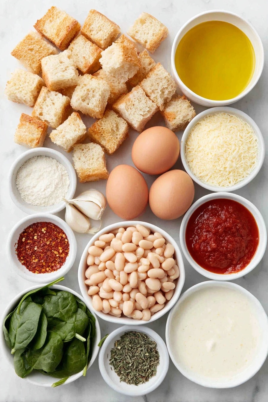 Flat lay of a small pile of ciabatta bread cubes, a few bright green sprigs of dried oregano, a small mound of garlic powder, a few whole uncracked brown eggs next to a small white bowl of extra-virgin olive oil, a small yellow onion with papery skin intact, three fresh garlic cloves with skins, a small white bowl of deep red tomato paste, a cluster of plump whole peeled tomatoes with stems, a small white bowl of rich chicken broth, two small white bowls each filled with white cannellini beans, a small pile of crushed red pepper flakes, a fresh bunch of vibrant baby spinach leaves, a small white bowl of grated pale yellow Parmesan cheese, and a small white bowl of smooth heavy cream all arranged in symmetrical balance, placed on a clean white marble surface, soft natural light, photo taken with an iPhone, professional food photography style, fresh ingredients, white ceramic bowls, no bottles, no duplicates, no utensils, no packaging --ar 2:3 --v 7 --p awthu7i m7354615311229779997 - Creamy White Bean Tomato Soup, White Bean Tomato Soup, Cozy Soup Recipes, Healthy Tomato Soup, Easy Vegetarian Soup