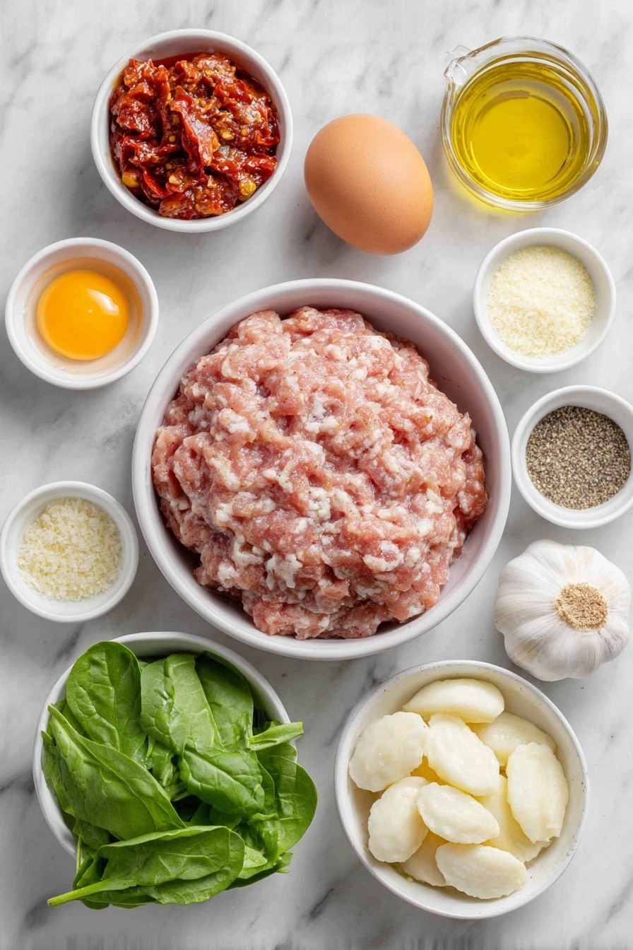 Flat lay of ground dark meat chicken in a simple white ceramic bowl, a small bowl of panko bread crumbs, one whole uncracked brown egg, a small white bowl of Italian seasoning, a small white bowl of kosher salt, a small white bowl of freshly ground black pepper, a small white bowl of garlic powder, finely chopped oil-packed sun-dried tomatoes in a white bowl, a small white bowl of golden tomato oil, finely grated Parmesan cheese in a white bowl, half a small yellow onion roughly chopped on the side, four whole garlic cloves, a small white bowl of low-sodium chicken broth, a small white bowl of dry white wine, a portion of uncooked gnocchi pasta, a bunch of fresh baby spinach leaves arranged neatly, and a small white bowl filled with heavy cream, all arranged with perfect symmetry and balanced proportions, placed on a clean white marble surface, soft natural light, photo taken with an iPhone, professional food photography style, fresh ingredients, white ceramic bowls, no bottles, no duplicates, no utensils, no packaging --ar 2:3 --v 7 --p awthu7i m7354615311229779997 - Slow-Cooker Tuscan Chicken Meatballs with Gnocchi, Italian chicken meatball recipes, easy slow cooker Italian dinners, Tuscan chicken and gnocchi, healthy chicken meatball recipes