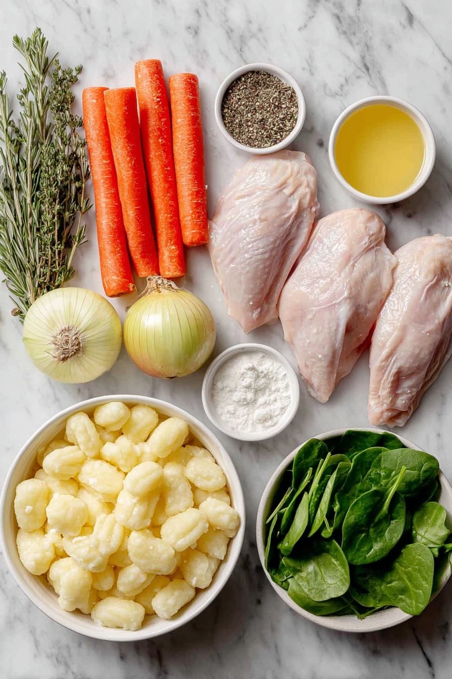 Flat lay of a medium yellow onion quartered, three peeled and chopped bright orange carrots, three fresh celery stalks with leaves, four peeled garlic cloves, three raw boneless skinless chicken breasts, a small white bowl of coarse kosher salt, a small white bowl of freshly ground black pepper, a small bundle of fresh thyme sprigs, three fresh rosemary sprigs, a small white bowl of clear chicken broth, a small white bowl of white cornstarch powder, a small white bowl of thick heavy cream, a pile of uncooked soft potato gnocchi, and a handful of fresh baby spinach leaves, all arranged symmetrically on a simple white ceramic background placed on a clean white marble surface, soft natural light, photo taken with an iPhone, professional food photography style, fresh ingredients, white ceramic bowls, no bottles, no duplicates, no utensils, no packaging --ar 2:3 --v 7 --p awthu7i m7354615311229779997 - Creamy Chicken Gnocchi Soup, hearty slow cooker soup, easy chicken and gnocchi recipe, comforting creamy soup, effortless weeknight dinner