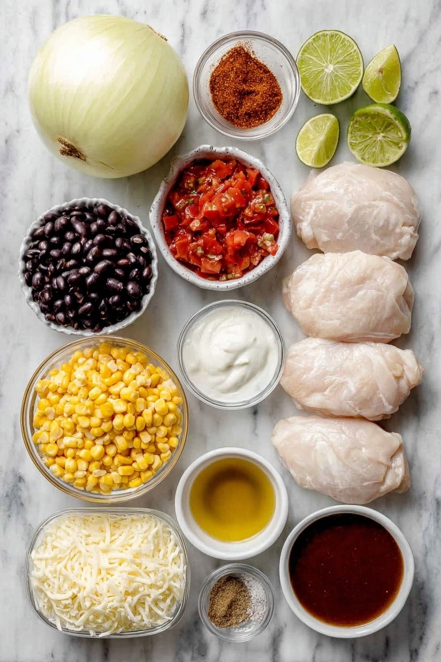 Flat lay of a whole yellow onion peeled to show its layers, three raw boneless skinless chicken breasts, a small white bowl of fire-roasted diced tomatoes, a small white bowl of deep red enchilada sauce, a small white bowl of black beans, a small white bowl of yellow corn kernels, a small white bowl of light golden low-sodium chicken broth, small white bowls each containing ground chili powder, ground cumin, and garlic powder, a small handful of shredded sharp cheddar cheese, a small white bowl of heavy cream, fresh lime wedges, a few sprigs of fresh cilantro, a small white bowl of sour cream, and a small pile of crushed tortilla chips all arranged symmetrically on a clean white marble surface, soft natural light, photo taken with an iPhone, professional food photography style, fresh ingredients, white ceramic bowls, no bottles, no duplicates, no utensils, no packaging --ar 2:3 --v 7 --p awthu7i m7354615311229779997 - Creamy Crock-Pot Chicken Enchilada Soup, easy slow cooker chicken soup, spicy chicken enchilada soup, hearty crockpot soup recipes, cheese chicken enchilada soup