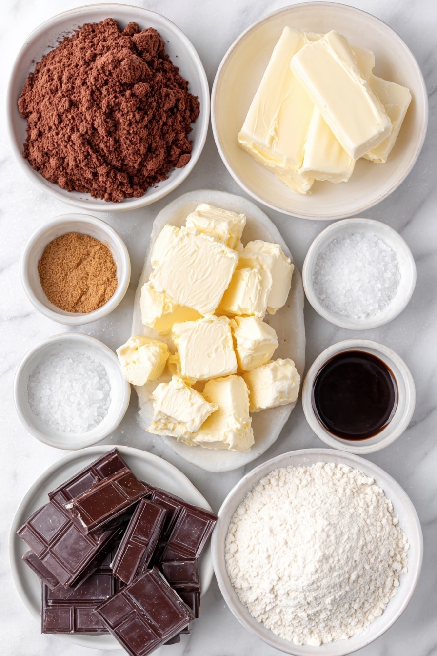 Flat lay of softened unsalted butter in a simple white ceramic bowl, packed dark brown sugar mounded neatly on a white plate, glossy dark molasses in a small white ceramic bowl, ground ginger, ground cinnamon, and ground cloves each in separate small white bowls with fine powder textures, kosher salt crystals in a white bowl, a small mound of all-purpose flour on a white plate, a small white bowl filled with smooth sweetened condensed milk, chopped dark chocolate chunks on a white plate, crushed golden gingersnap pieces arranged on a white plate, flaky sea salt crystals in a small white bowl placed symmetrically, all ingredients fresh and natural, no packaging, no duplicates, no utensils, perfectly balanced and symmetrical composition, placed on a clean white marble surface, soft natural light, photo taken with an iPhone, professional food photography style, fresh ingredients, white ceramic bowls, no bottles, no duplicates, no utensils, no packaging --ar 2:3 --v 7 --p awthu7i m7354615311229779997 - Gingerbread Shortbread Bars with Caramel and Chocolate, holiday dessert bars, spiced shortbread treat, caramel chocolate layered bars, easy gingerbread dessert