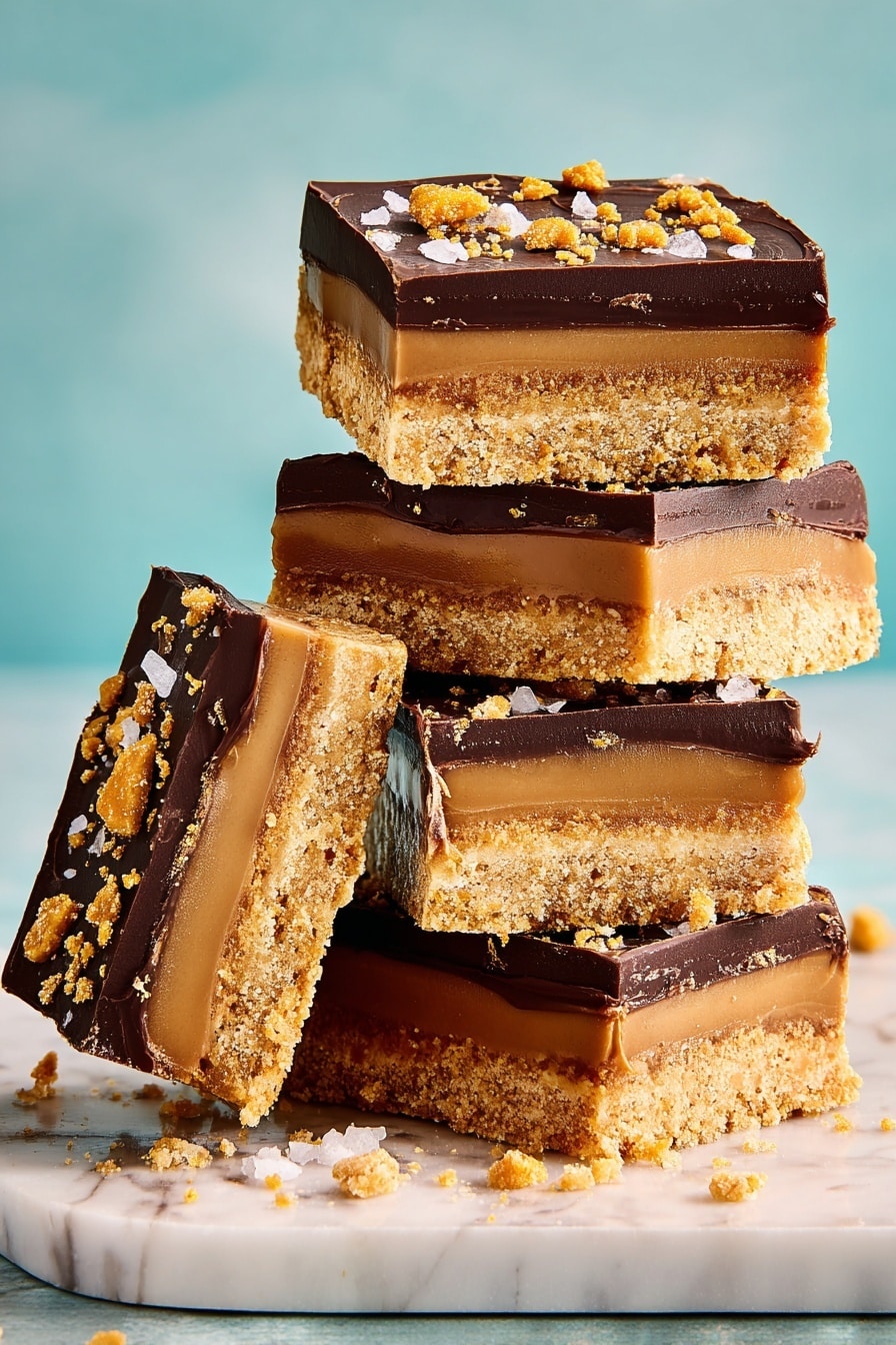 Rectangular dessert bars are arranged on a white marbled surface with a three-layer structure. The bottom layer is thick and light brown with a crumbly texture. The middle layer is very thin and creamy brown. The top layer is a glossy, smooth dark chocolate sheet. On the surface of each bar, irregular pieces of golden brown cookies are scattered, along with small flakes of coarse sea salt that catch the light. Some bars show broken edges, revealing all three layers. photo taken with an iphone --ar 2:3 --v 7 - Gingerbread Shortbread Bars with Caramel and Chocolate, holiday dessert bars, spiced shortbread treat, caramel chocolate layered bars, easy gingerbread dessert