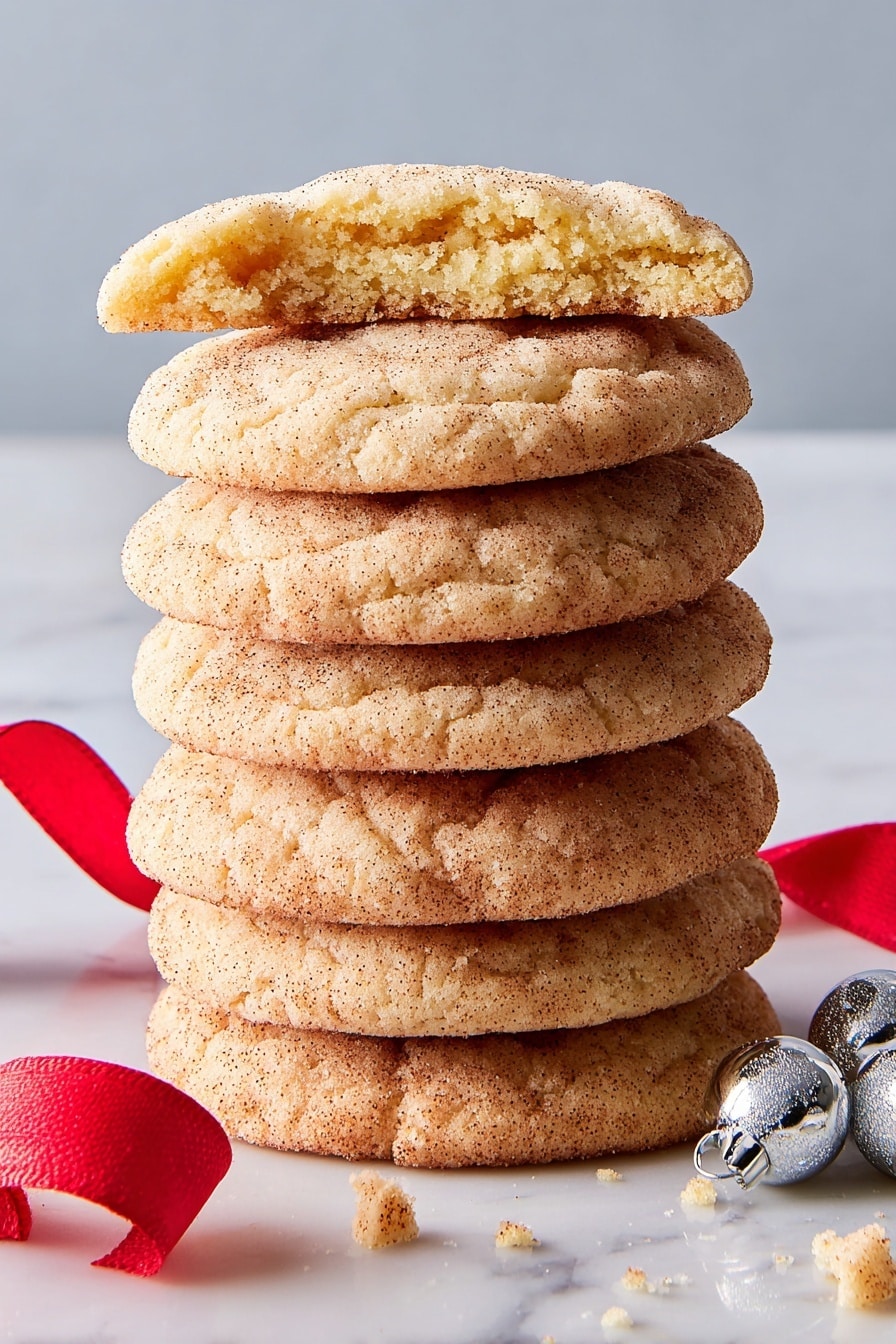 A stack of six round cookies is shown on a white marbled surface. The cookies are light golden brown with a slightly rough, cracked texture on top. The top cookie is broken in half, revealing a soft, pale yellow inside. The cookies have a dusting of fine cinnamon and sugar, giving them a speckled look. Around the base of the stack, there are a few cookie crumbs scattered. Near the cookies, a red ribbon and two small silver jingle bells rest on the surface. The photo taken with an iphone --ar 2:3 --v 7 - Eggnog Snickerdoodles, holiday cookies, cinnamon sugar cookies, festive cookie recipes, soft chewy cookies