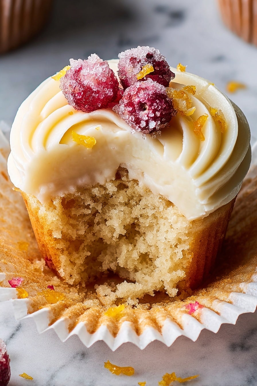 A close-up view of an opened cupcake with light golden brown cake crumb as the base layer inside a white paper liner, topped with a thick swirl of smooth pale cream frosting. On top of the frosting, there are four small red cranberries covered with white sugar crystals, and tiny bits of bright orange zest scattered around. The cupcake sits on a white marbled surface. Photo taken with an iphone --ar 2:3 --v 7 - Cranberry Bliss Cupcakes with White Chocolate Frosting, festive cranberry cupcakes, holiday cupcake recipes, white chocolate frosting dessert, easy holiday cupcake recipe