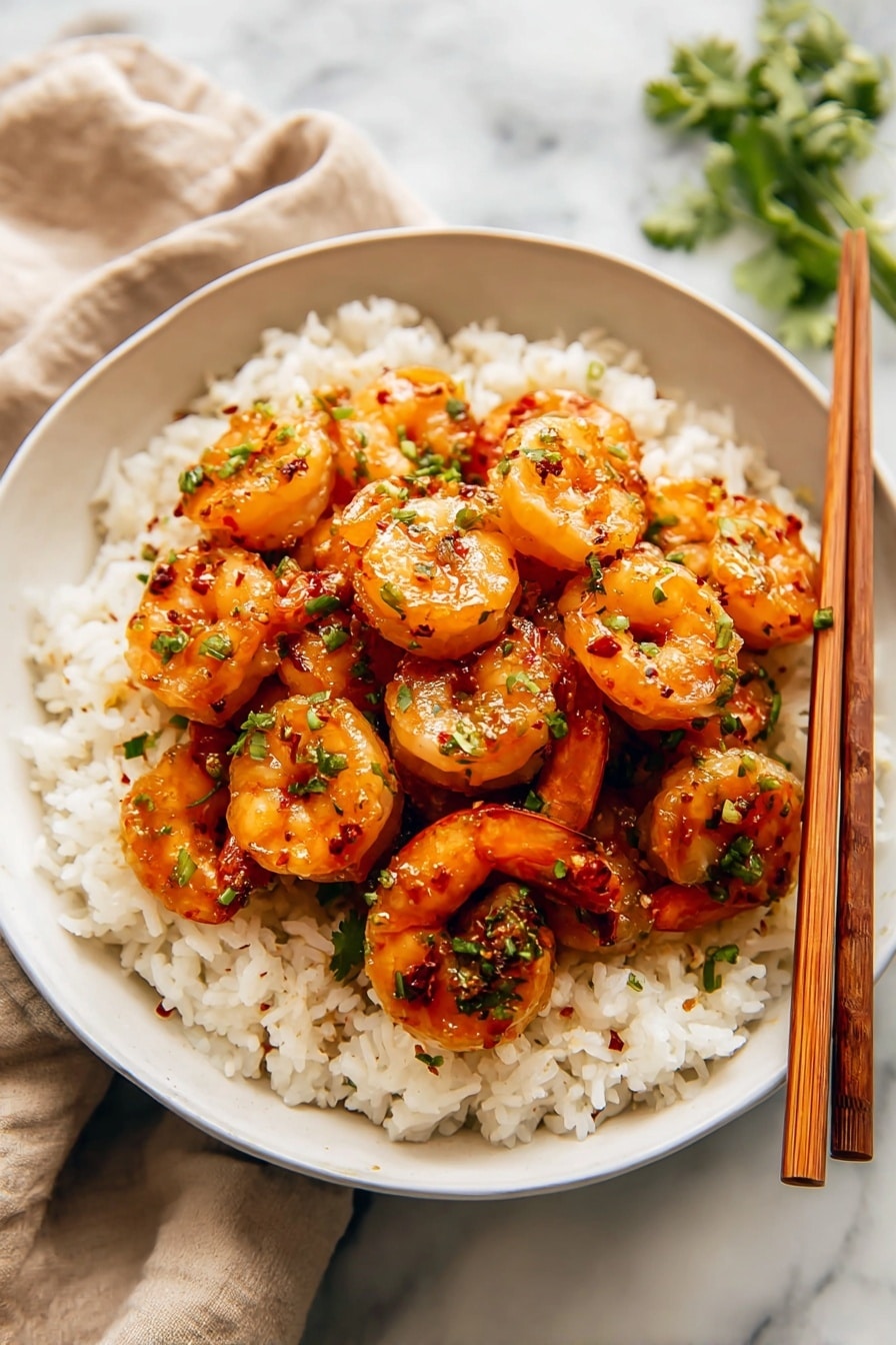 A white bowl filled with a bed of fluffy white rice as the bottom layer, topped with a generous pile of shiny, orange-brown glazed shrimp with small green herb pieces sprinkled on top. The shrimp have a glossy texture and look juicy, with bits of red spices visible. On the right edge of the bowl, placed on the rice, are a pair of wooden chopsticks. The background is a soft white marble surface with a blurred beige cloth and some greenery faintly visible. Photo taken with an iphone --ar 2:3 --v 7 - Honey Garlic Shrimp, Honey Garlic Shrimp recipe, easy shrimp dinner, quick seafood dish, flavorful shrimp recipe