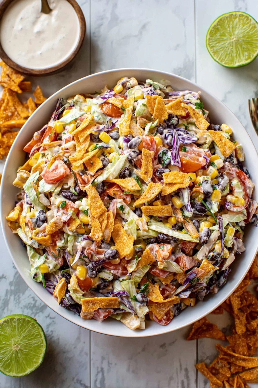 A large white bowl full of a colorful salad set on a white marbled surface with some pieces of crispy orange snack around it. The salad has many layers: white and purple cabbage strips, small yellow corn kernels, black beans, diced red tomatoes, and green herbs all mixed with a creamy light dressing. On top, there are broken pieces of crunchy orange chips scattered across, adding texture and contrast. A sliced green lime is placed to the side, alongside a white bowl of creamy dressing in the background. The photo looks bright and fresh, taken with an iphone --ar 2:3 --v 7 - Frito Cowboy Cabbage Salad, southwestern cabbage salad, chili cheese Fritos salad, easy cabbage salad recipes, best summer cabbage salad
