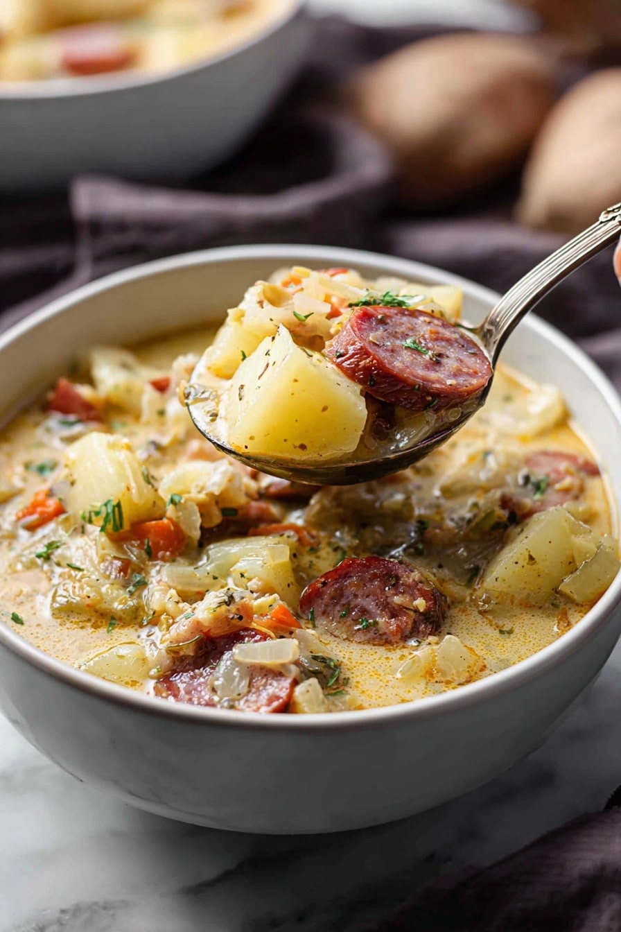 A close-up of a white bowl filled with a creamy soup showing three layers: the top layer has chunks of light yellow potatoes and reddish-brown sausage slices, the middle layer is a thick creamy broth with small bits of herbs sprinkled on top, and the bottom layer includes some small pieces of onions and carrots with a soft texture. A silver ladle with a curved handle scoops from the bowl, lifting a portion showing the same chunky mixture. The background has a white marbled texture with blurred elements, and a woman's hand partly visible on the right side holding the ladle. Photo taken with an iphone --ar 2:3 --v 7 - Cajun Potato Soup with Sausage, Cajun sausage potato soup, spicy potato soup, creamy Cajun soup, hearty sausage potato stew