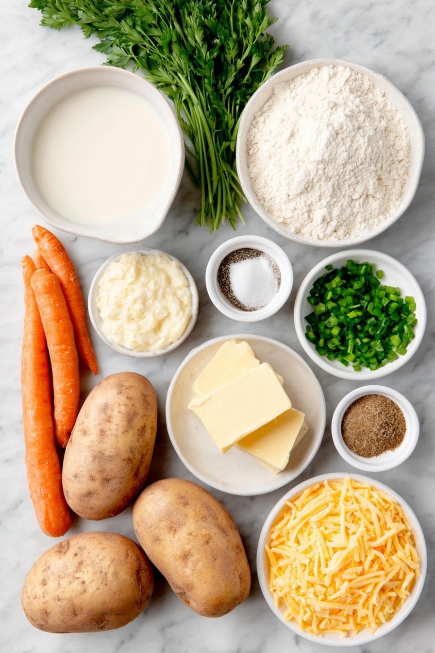 Flat lay of fresh whole Russet potatoes, a few bright orange whole carrots, a single uncracked garlic clove, a small bunch of fresh flat-leaf parsley sprigs, a stick of creamy unsalted butter, a small mound of pale all-purpose flour, a small white ceramic bowl filled with whole milk, a small white ceramic bowl with granulated kosher salt, a small white ceramic bowl with freshly ground black pepper, a small white ceramic bowl containing rich chicken bouillon paste, a small white ceramic bowl with shredded sharp cheddar cheese, and a small white ceramic bowl holding chopped green onions, all arranged symmetrically on a clean white marble surface, soft natural light, photo taken with an iPhone, professional food photography style, fresh ingredients, white ceramic bowls, no bottles, no duplicates, no utensils, no packaging --ar 2:3 --v 7 --p m7354615311229779997 - Creamy Potato Carrot Soup, Creamy vegetable soup, easy soup recipes, healthy potato carrot soup, comforting homemade soup