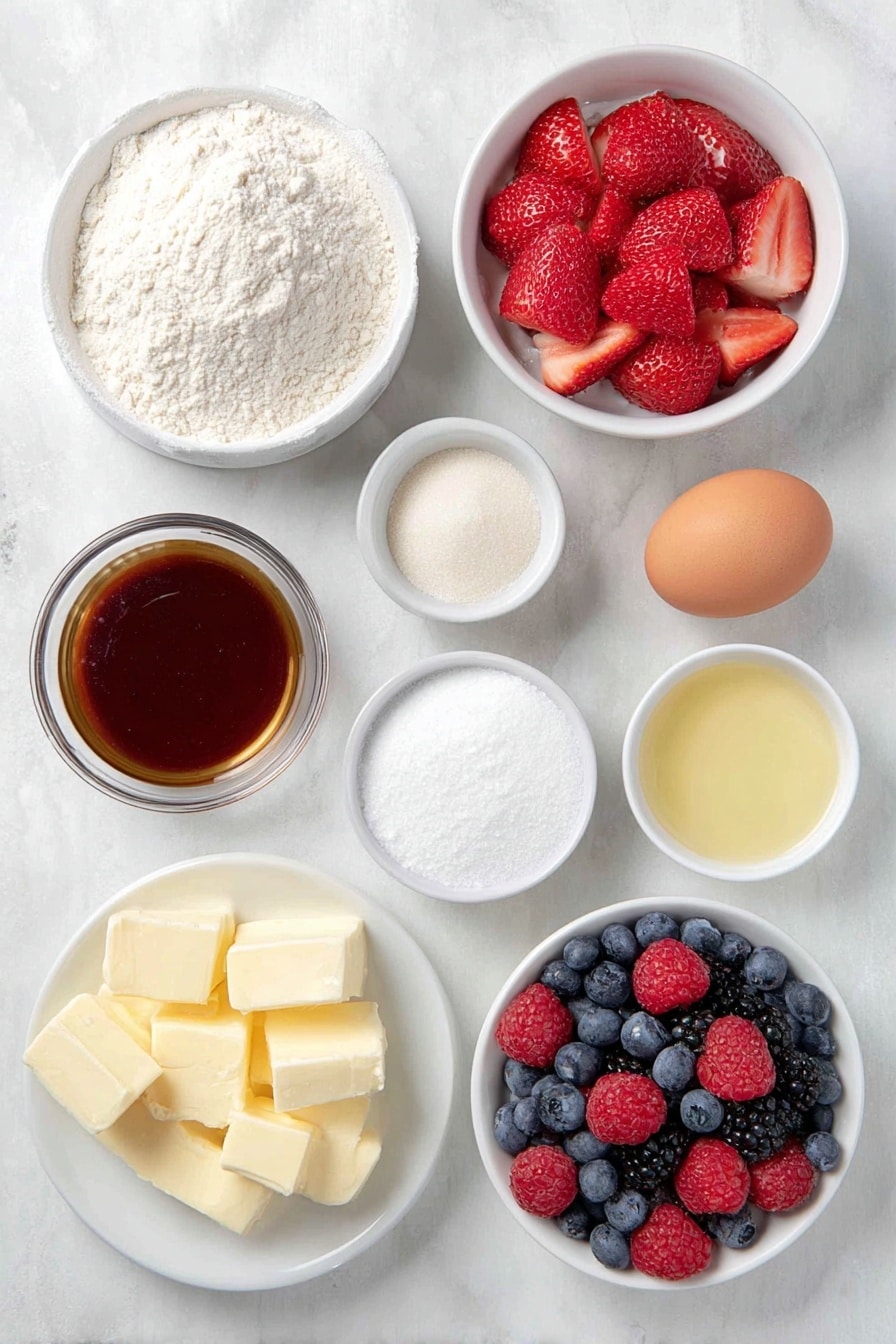 Flat lay of a small mound of all-purpose flour, a teaspoon of baking soda in a tiny white bowl, a pinch of salt in another small white bowl, a tablespoon of granulated sugar in a white ceramic dish, a small white bowl filled with creamy buttermilk, one large whole egg with a clean shell, a few tablespoons of melted butter in a small white bowl, a small white bowl with a clear vanilla extract liquid, pats of fresh butter on a simple white plate, a small white bowl of pure maple syrup, and an assortment of fresh mixed berries including strawberries, blueberries, and raspberries on a white dish, all arranged with perfect symmetry placed on a clean white marble surface, soft natural light, photo taken with an iPhone, professional food photography style, fresh ingredients, white ceramic bowls, no bottles, no duplicates, no utensils, no packaging --ar 2:3 --v 7 --p m7354615311229779997 - Easy Classic Buttermilk Pancakes, fluffy pancake recipe, homemade breakfast pancakes, simple pancake batter, tender pancake recipe