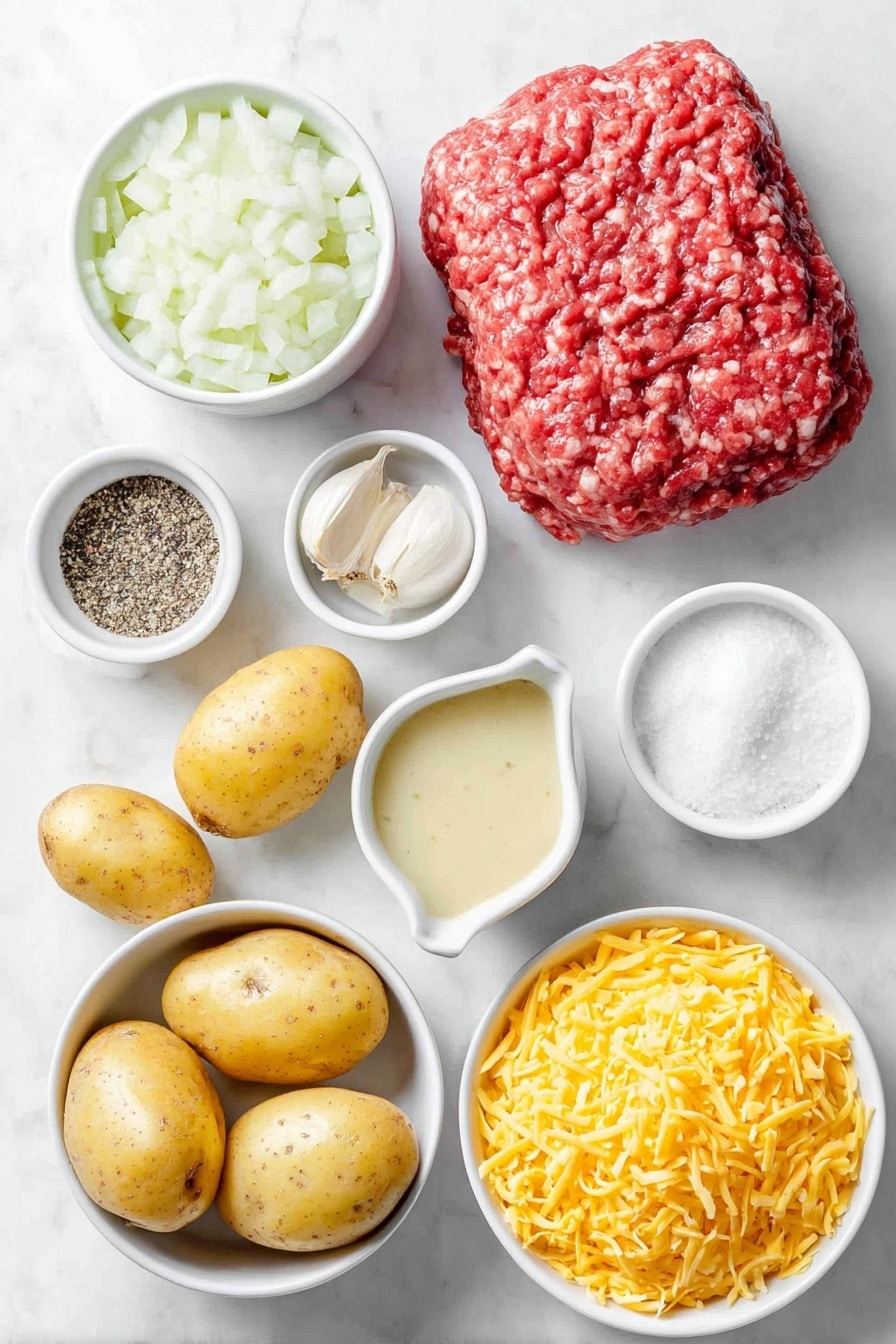Flat lay of a small mound of fresh raw ground beef, a medium white onion cut into neat dice, a few cloves of garlic with some minced garlic beside them, a small white ceramic bowl of fine white salt, another bowl filled with freshly ground black pepper, five medium whole potatoes thinly sliced and fanned out, a small white ceramic bowl containing creamy golden condensed mushroom soup, another bowl with creamy pale condensed chicken soup, a small white ceramic bowl holding rich beige evaporated milk, a separate bowl with fresh cold milk, and a neat pile of shredded yellow cheddar cheese, all arranged in perfect symmetry on a simple white ceramic surface, placed on a clean white marble surface, soft natural light, photo taken with an iPhone, professional food photography style, fresh ingredients, white ceramic bowls, no bottles, no duplicates, no utensils, no packaging --ar 2:3 --v 7 --p m7354615311229779997 - Easy Ground Beef Potatoes Casserole, ground beef casserole recipe, hearty potato casserole, simple dinner recipes, comfort food casserole