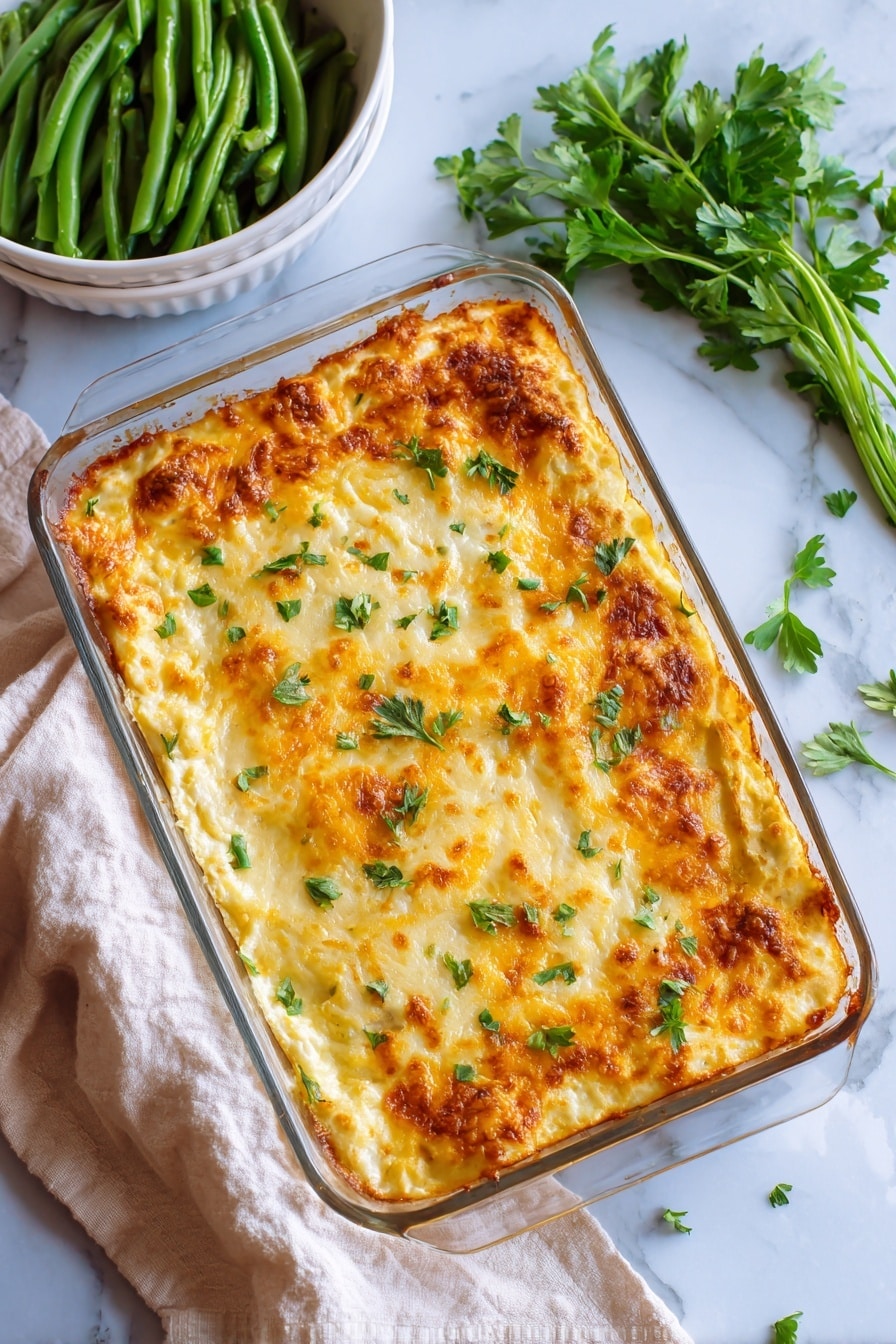 A close-up of a white plate showing a layered casserole dish with visible layers including a bottom layer of soft yellow potatoes, a middle layer of browned ground meat mixed with a creamy sauce, and a top layer of bright melted orange cheese. The cheese layer appears smooth and slightly shiny with some textured melted spots. There is a silver fork holding a scoop of the casserole above the plate. In the background, there are blurred green beans providing a fresh green contrast. The setting is on a white marbled surface. Photo taken with an iphone --ar 2:3 --v 7 - Easy Ground Beef Potatoes Casserole, ground beef casserole recipe, hearty potato casserole, simple dinner recipes, comfort food casserole