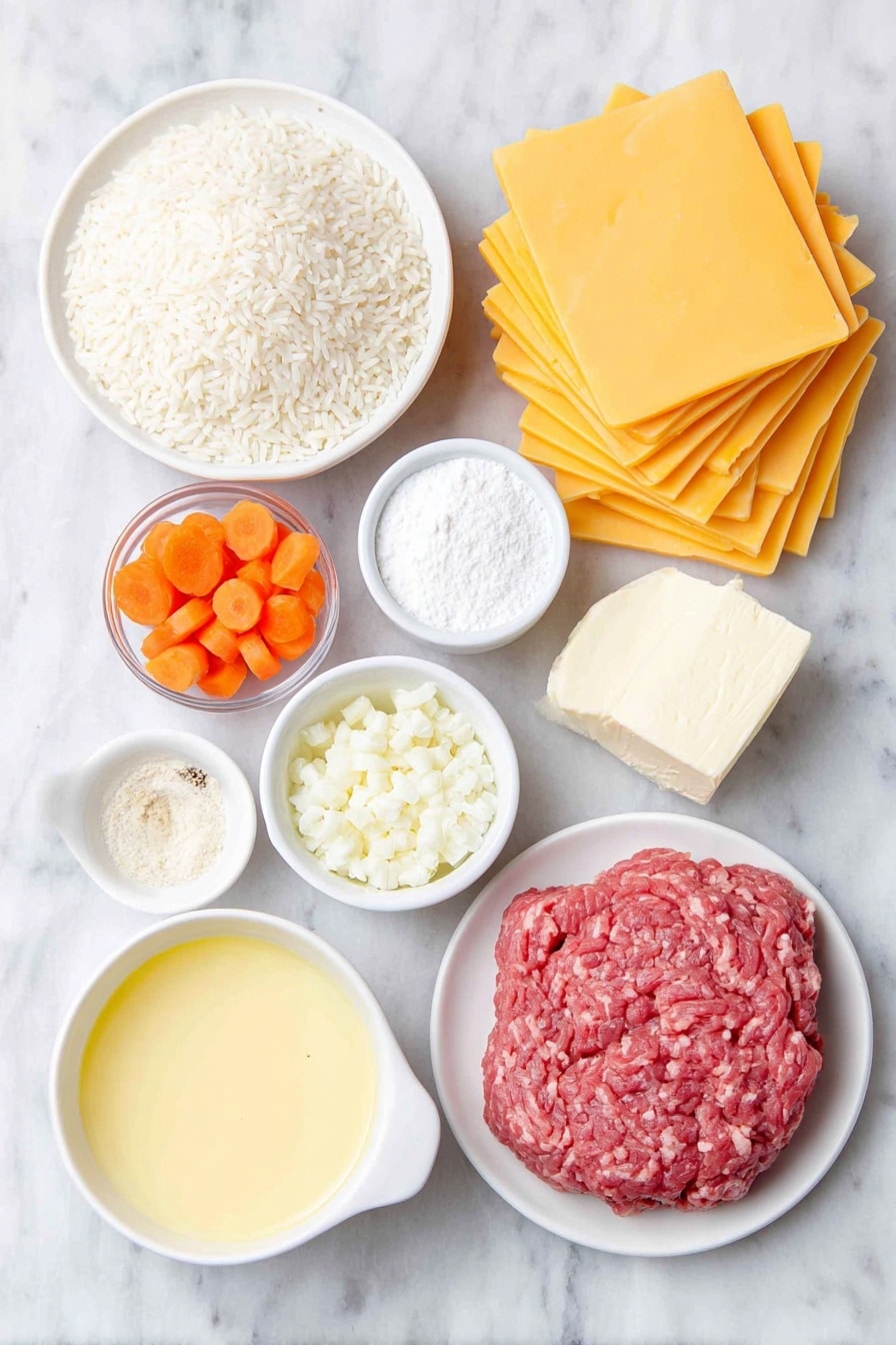 Flat lay of a small bowl of long grain white rice, a small bowl of sliced fresh carrots, a small bowl of whole raw ground beef in natural reddish-pink color, a small white bowl of cream, a small white bowl of chicken broth, a few tablespoons of unsalted butter on a white ceramic plate, a small white bowl of all-purpose flour, a small white bowl of freshly ground black pepper, a small white bowl of salt crystals, a small white bowl of minced white button mushrooms, a small white bowl of minced onion, a small white bowl with one whole clove of garlic, and a stack of nine slices of fresh cheddar and colby jack cheese on a simple white ceramic plate, all arranged symmetrically and balanced on a clean white marble surface, soft natural light, photo taken with an iPhone, professional food photography style, fresh ingredients, white ceramic bowls, no bottles, no duplicates, no utensils, no packaging --ar 2:3 --v 7 --p m7354615311229779997 - Cheesy Ground Beef Rice Casserole, Ground Beef and Rice Casserole, Easy Cheesy Dinner Recipes, Comfort Food Casserole, Best Ground Beef Casserole