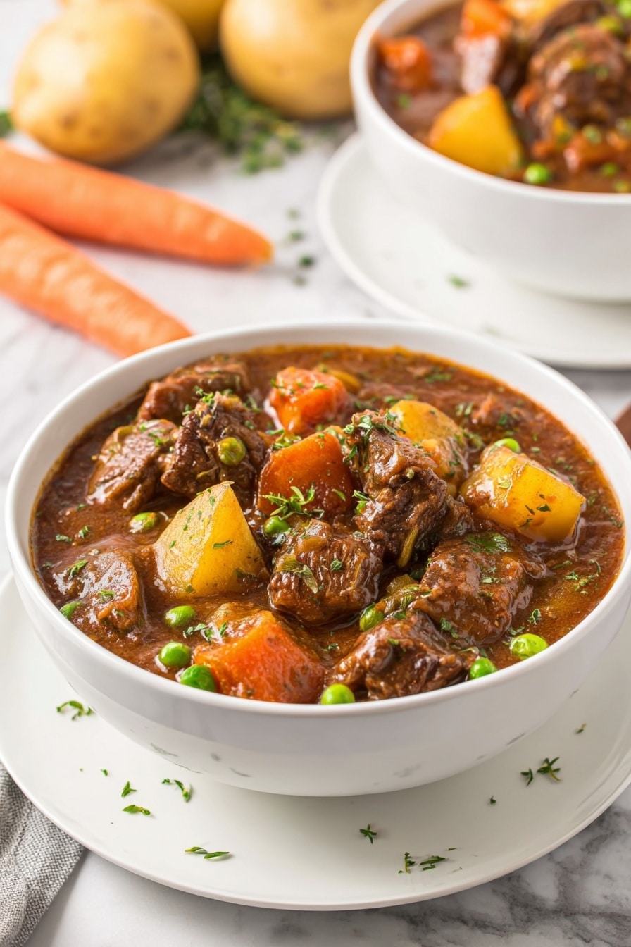 A white bowl filled with a thick stew showing large chunks of tender brown meat, bright orange carrot pieces, yellow potato cubes, and scattered green peas in a rich brown sauce. The stew is garnished with small bits of green herbs. The bowl sits on a matching white plate, placed on a white marbled surface with some whole fresh carrots and potatoes blurred in the background. Another bowl with the same stew is partially visible behind the main bowl. Photo taken with an iphone --ar 2:3 --v 7 - Hearty Dutch Oven Beef Stew, Dutch Oven beef stew, hearty beef stew recipe, comfortable beef stew, easy beef stew dinner