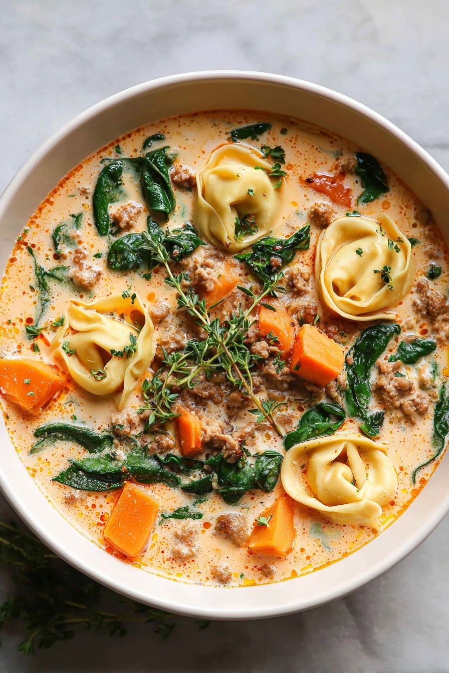 The image shows a close-up of a white bowl filled with three layers of creamy soup. The first layer is a light orange creamy broth with small oil droplets on the surface. The second layer has large orange chunks of cooked squash or sweet potato scattered evenly. The third layer shows green spinach leaves, small brown cooked ground meat pieces, and five yellow tortellini pasta pieces floating on top. There are small green herb leaves sprinkled over everything, and a small sprig of fresh thyme lies in the middle of the bowl. The bowl sits on a white marbled surface. photo taken with an iphone --ar 2:3 --v 7 - Creamy Sausage Tortellini Soup, Sausage Tortellini Soup, comforting creamy soup recipes, hearty sausage soup, easy weeknight soup ideas