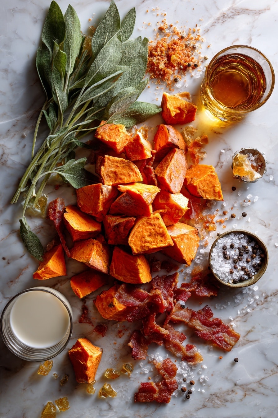 Flat lay of bright orange sweet potato chunks with smooth peeled skin edges, rich strips of thick-cut crispy bacon in reddish-brown hues, vibrant deep green sage leaves with delicate textured veins, small curls of golden brown butter melting softly, a small glass of amber bourbon catching the light, creamy white milk in a gentle splash, and a scattering of coarse salt crystals and cracked black peppercorns, all naturally arranged in an inviting, slightly rustic style with varied textures and colors, placed on white marbled surface, photo taken with an iphone --ar 2:3 --v 7 - Bourbon Bacon Whipped Sweet Potatoes with Brown Butter and Crispy Sage, sweet potato side dish with bourbon and bacon, festive sweet potato recipe, savory thanksgiving side, gourmet sweet potato dish