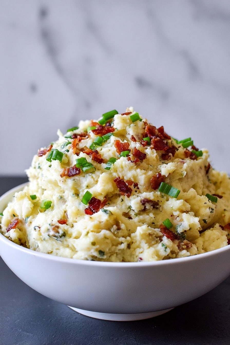 A large mound of creamy mashed potatoes with small bits of crispy bacon mixed throughout is placed inside a white bowl. The mashed potatoes are pale yellow with a rough texture, and the top is garnished with scattered pieces of green chopped scallions and small crispy bacon bits, adding green and reddish-brown colors as accents. The bowl sits on a dark surface with a simple, smooth white marbled background. Photo taken with an iphone --ar 2:3 --v 7 - Buttermilk Bacon Blue Smashed Potatoes, smashed potato recipes, blue cheese potato sides, bacon mashed potatoes, tangy creamy potato dish