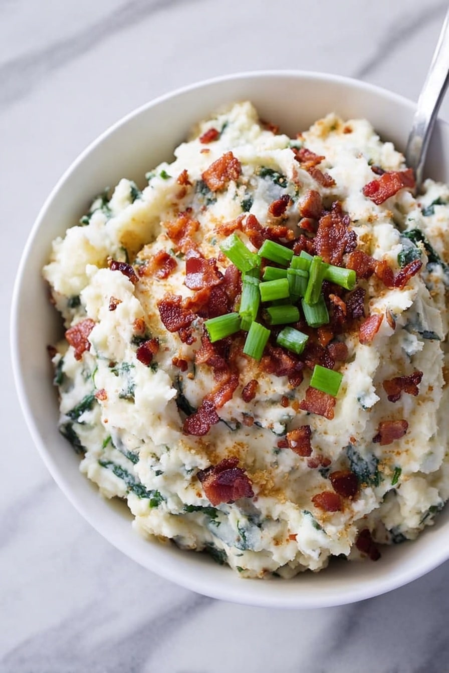 A white bowl filled with creamy mashed potatoes mixed with bits of green spinach and small pieces of crispy reddish-brown bacon. On top, there is a small pile of chopped green onions and crumbled bacon pieces, adding color contrast. The mashed potatoes have a fluffy texture with visible small lumps and herbs, sitting on a white marbled surface. photo taken with an iphone --ar 2:3 --v 7 - Buttermilk Bacon Blue Smashed Potatoes, smashed potato recipes, blue cheese potato sides, bacon mashed potatoes, tangy creamy potato dish