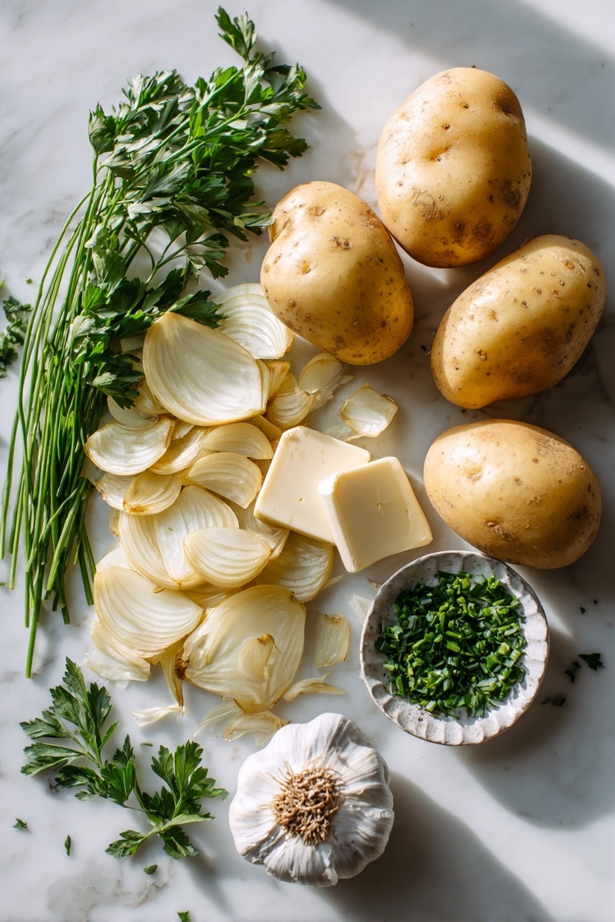 Flat lay of golden Yukon gold potatoes with smooth, dimpled skin, thinly sliced sweet onions in soft caramelized golden brown layers, fresh vibrant green parsley and chives finely chopped, a small pile of pale yellow unsalted butter with creamy texture, one garlic clove with off-white papery skin and rough surface, all naturally arranged with gentle overlaps and scattered herb leaves, placed on white marbled surface, photo taken with an iphone --ar 2:3 --v 7 - Brown Butter Hasselback Potatoes with Caramelized Onions, Hasselback potato side dishes, caramelized onion potato recipes, crispy Hasselback potatoes, elegant potato side dish