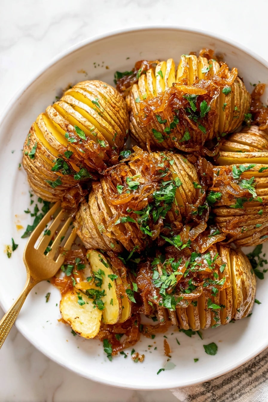 A white plate holds a roasted potato sliced into many thin layers from top to bottom, fanned slightly open to show the light yellow inside. The potato skin is golden brown and crispy with small irregular ridges between each thin slice. Thin caramelized onion strands in amber color are placed inside the potato layers and on top, adding a soft texture and shine. Chopped fresh green herbs are scattered over the potato and plate edges, adding bright green color contrast. There is a slight brown oily sauce pooling at the bottom of the plate on a white marbled surface. The focus is close-up showing detailed texture of the potato and herbs. photo taken with an iphone --ar 2:3 --v 7 - Brown Butter Hasselback Potatoes with Caramelized Onions, Hasselback potato side dishes, caramelized onion potato recipes, crispy Hasselback potatoes, elegant potato side dish