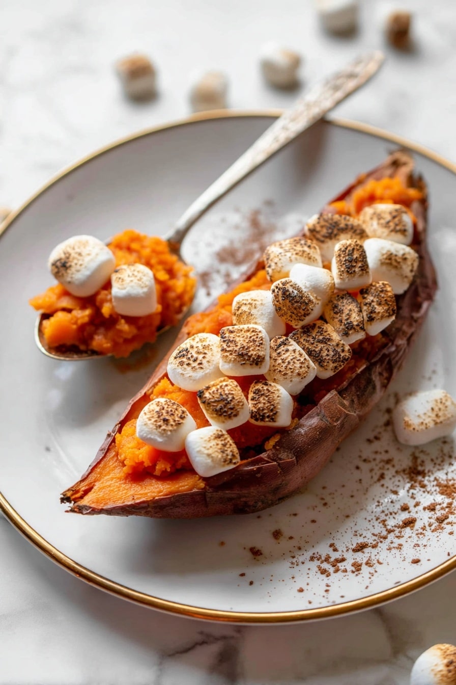 The image shows several pieces of a dish made from sliced orange sweet potatoes as the first layer, soft and mashed, held in the skin as the base. On top of the sweet potato layer, there is a second layer of toasted marshmallows, browned lightly with a golden texture on top, and white fluffy parts visible under the toasted marks. The pieces are placed closely together on a white marbled textured surface. The dish has two main layers: the rough orange mashed sweet potato base and soft, puffy marshmallows browned on the outside resting on top. photo taken with an iphone --ar 2:3 --v 7 - Maple Marshmallow Twice-Baked Sweet Potatoes, sweet potato side dishes, holiday sweet potato recipes, easy baked sweet potatoes, cozy sweet potato sides