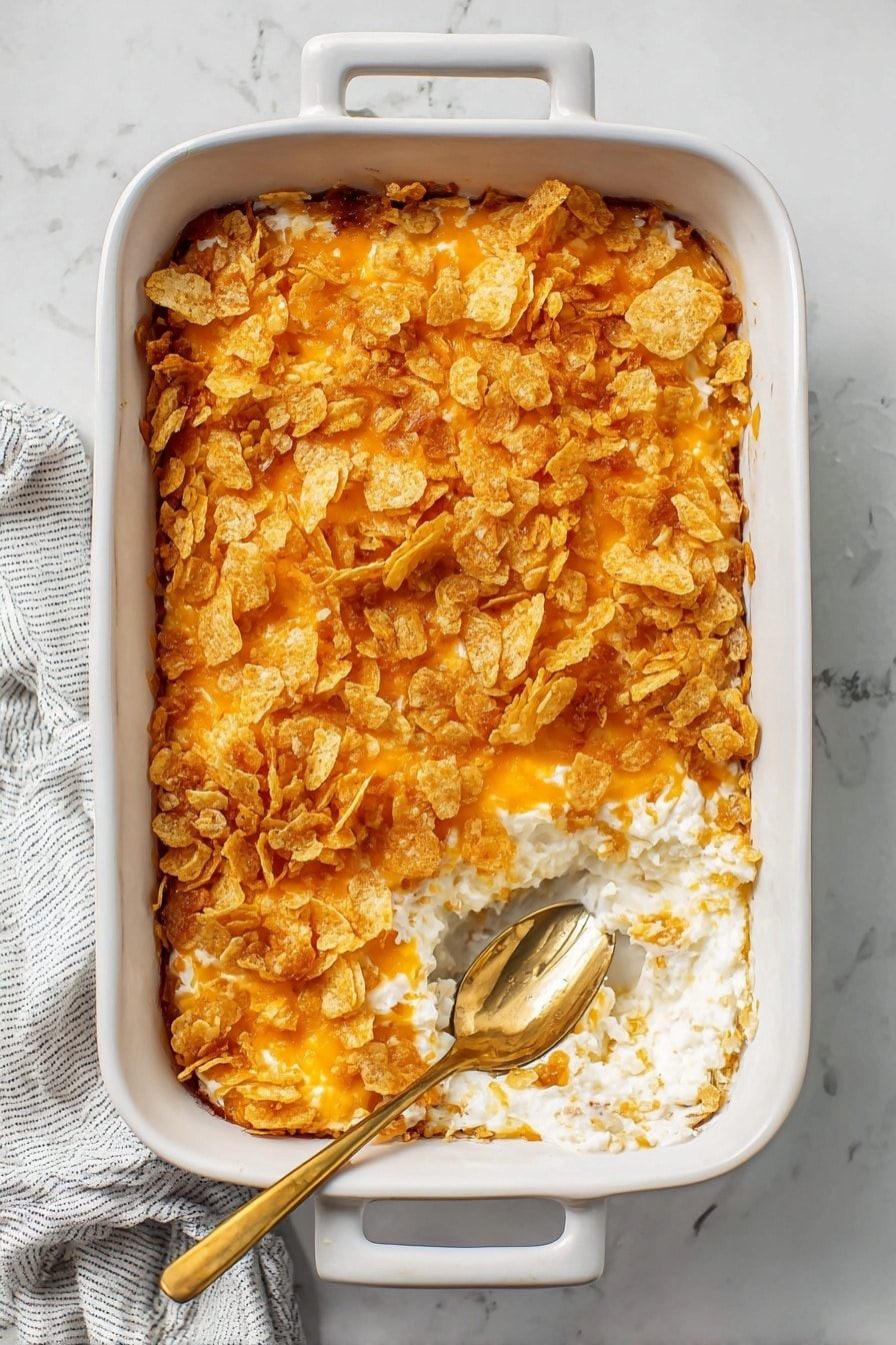 The dish is a baked casserole in a white ceramic rectangular dish with handles, placed on a white marbled surface. It has three visible layers: the top layer is made of crushed golden crispy chips scattered unevenly with some browning around the edges, the middle layer is a melted bright orange cheese that looks smooth and rich, and the bottom layer is creamy, white, and fluffy, visible where a scoop has been taken out from the corner, showing the soft texture. A gold-colored spoon rests in the bottom corner of the dish, partly under the casserole. Photo taken with an iphone --ar 2:3 --v 7 - My Mom’s Cheesy Potatoes, cheesy potatoes recipe, creamy cheesy potatoes, hearty potato casserole, family favorite potato dishes