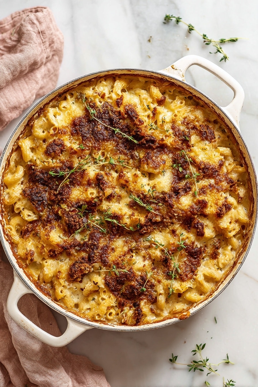 A white plate holds a hearty serving of baked pasta layered with golden melted cheese on top, crispy browned breadcrumbs, and small bits of browned sausage mixed throughout. The pasta is a mix of slightly curled shapes, covered in a creamy, light brown sauce that glistens. Small green herb leaves are scattered on top as garnish. A silver fork rests on the plate's edge, holding some pasta. The plate is set on a white marbled surface with soft, natural lighting. photo taken with an iphone --ar 2:3 --v 7 - French Onion Mac and Cheese, caramelized onion mac and cheese, gourmet mac and cheese, cheesy onion pasta, comfort food with onions