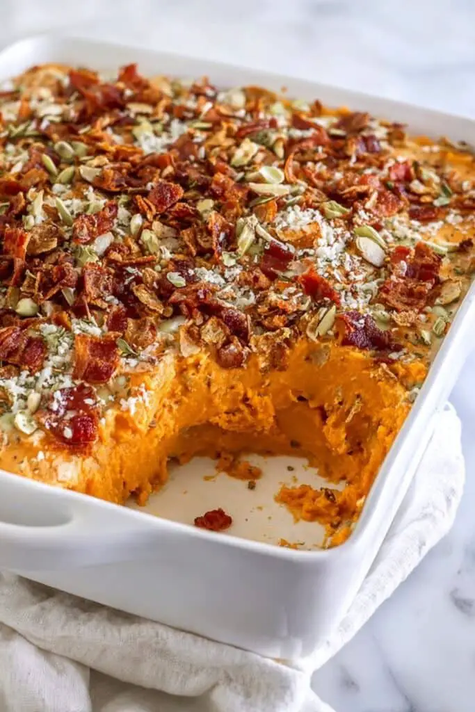 Savory Sweet Potato Casserole with Bacon, Caramelized Shallots, and Crispy Jalapeños Recipe