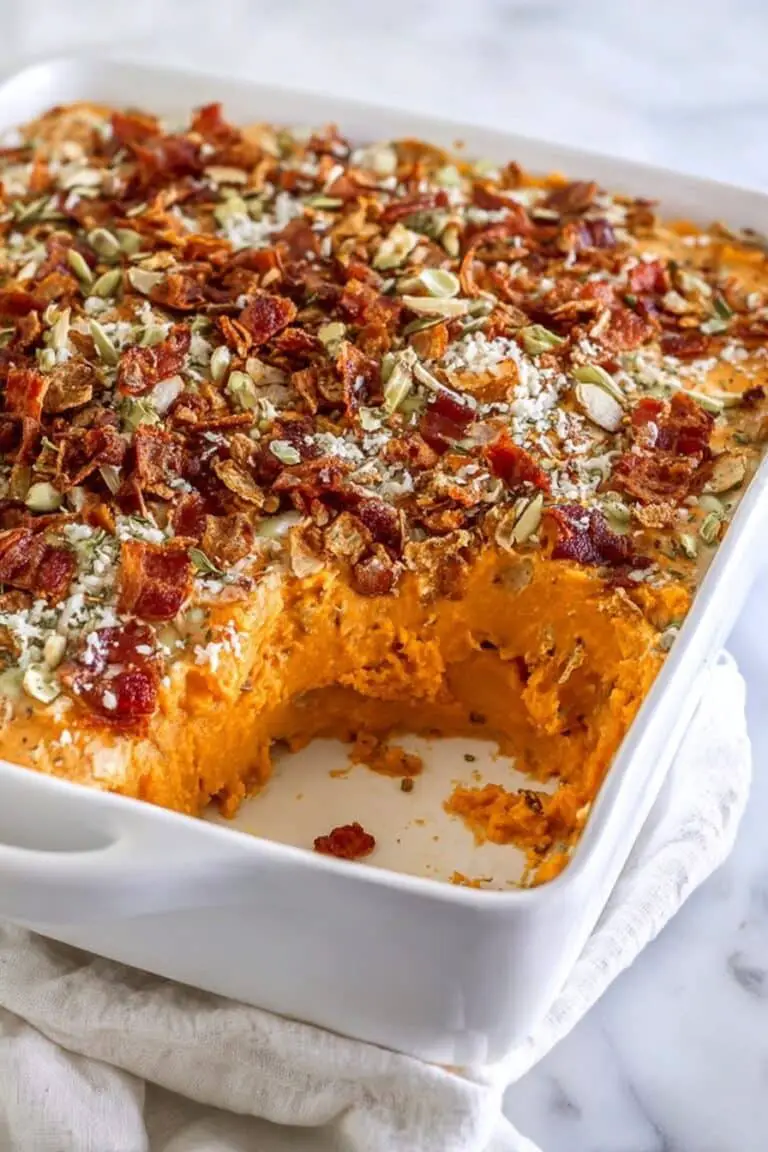 Savory Sweet Potato Casserole with Bacon, Caramelized Shallots, and Crispy Jalapeños Recipe