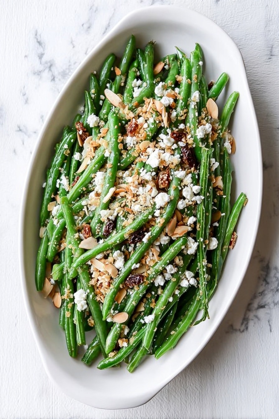 A white plate filled with bright green whole green beans arranged in a loose pile, topped with small bits of golden brown toasted breadcrumbs scattered all over. There are also pieces of slightly caramelized, dark brown onions and bits of white crumbly cheese sprinkled unevenly across the green beans. The green beans have a shiny, cooked texture and the plate sits on a white marbled surface. photo taken with an iphone --ar 2:3 --v 7 - Loaded Skillet Toasted Green Beans with Bacon, Feta, and Garlic Breadcrumbs, green bean side dish, bacon green beans recipe, garlic breadcrumb green beans, feta green beans