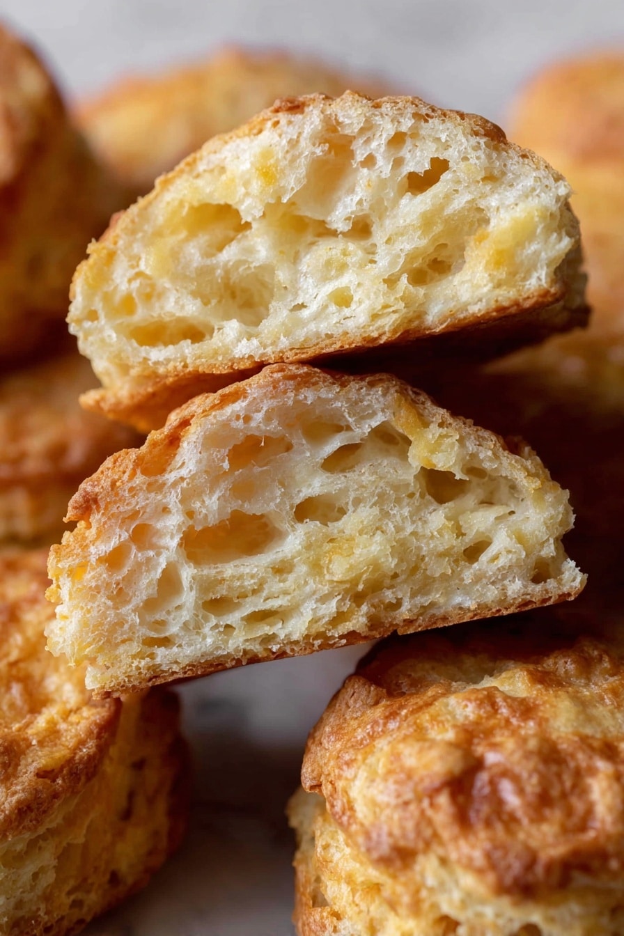 The image shows a close-up of a round biscuit with a golden-brown, slightly crispy outer layer and a textured, fluffy inner part. The biscuit has uneven, rough edges and a layered look, indicating a soft inside with a crunchy crust on top. It sits on a piece of light brown parchment paper with another similar biscuit blurred in the background. photo taken with an iphone --ar 2:3 --v 7 - Smoked Cheddar and Sour Cream Biscuits, smoky cheese biscuits, tender cheddar biscuits, homemade savory biscuits, cheesy breakfast biscuits