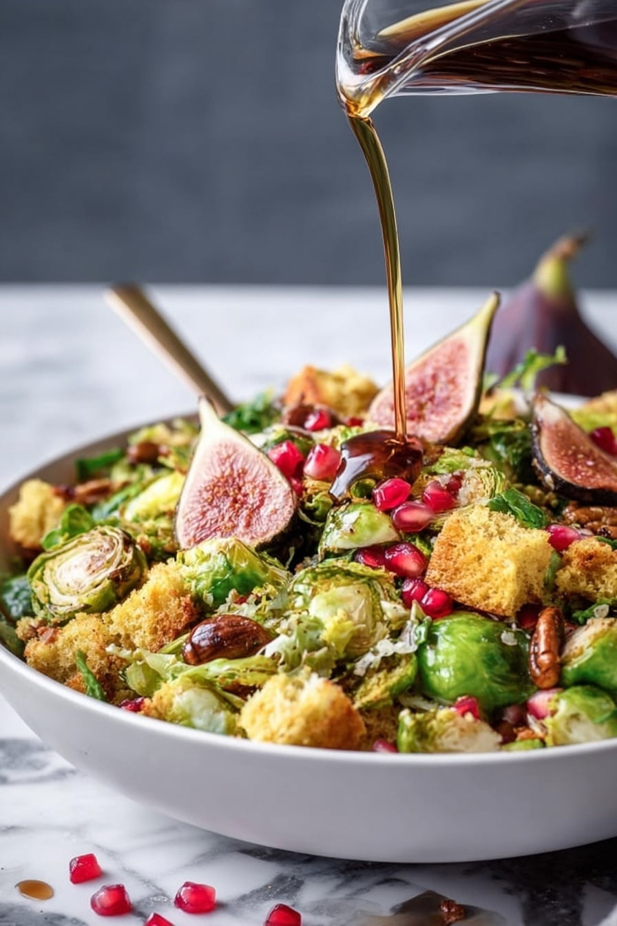 A large white bowl filled with a colorful mix of salad layers, starting with bright green roasted Brussels sprouts cut in half, scattered with golden-yellow bread pieces that have a slightly crispy texture. Mixed in are dark brown small nuts and red pomegranate seeds adding pops of color. Sliced figs with light pink interiors and dark purple skins are spread throughout the dish. A dark amber liquid is being poured over the salad from a small transparent container, giving the image a fresh and lively feel. The bowl rests on a white marbled surface with soft lighting. Photo taken with an iphone --ar 2:3 --v 7 - Brussels Sprouts, Bacon, and Cornbread Panzanella Salad, Brussels Sprouts Bacon Cornbread Salad, Panzanella Salad with Brussels Sprouts and Bacon, Savory Brussels Sprouts Salad, Easy Fall Salad with Bacon and Cornbread