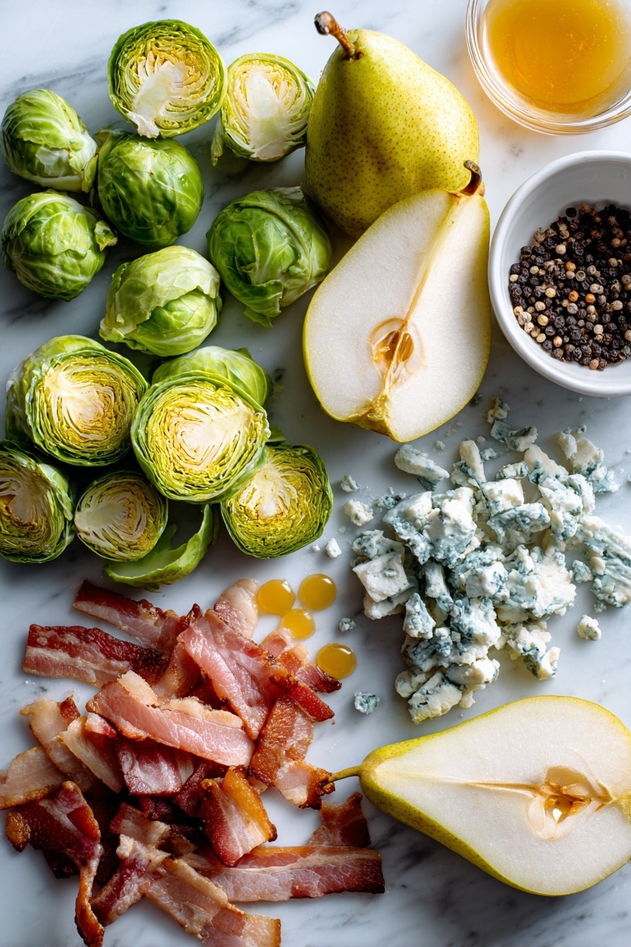 Flat lay of fresh green Brussels sprout stems sliced in half, crispy thick-cut bacon pieces with golden brown edges, a ripe pear sliced thinly showing its creamy white flesh and soft yellow skin, crumbled blue cheese with its creamy white and blue marbled texture, small puddles of amber maple syrup glistening softly, scattered black peppercorns adding specks of deep black, placed on white marbled surface, photo taken with an iphone --ar 2:3 --v 7 - Maple Bacon Brussels Pear and Blue Cheese Salad, Brussels Sprouts Salad with Pear and Blue Cheese, Easy Maple Bacon Salad, Hearty Fresh Salad Recipes, Sweet and Savory Salad Ideas
