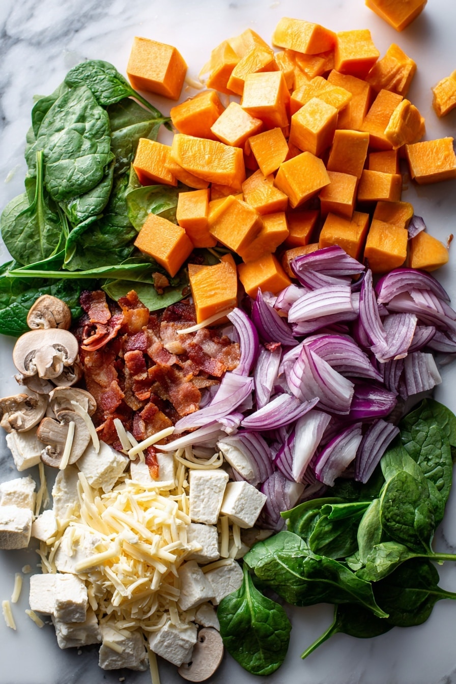 Flat lay of vibrant orange cubed butternut squash with smooth, firm texture, scattered slices of crispy golden-brown bacon, bright green fresh baby spinach leaves with natural veins, rich purple-red diced red onion, creamy white blocks of cream cheese and mascarpone with soft, smooth surfaces, pale beige chopped mushrooms with earthy, slightly spongy texture, and delicate shreds of pale yellow fontina and parmesan cheese nestled among the ingredients, all naturally arranged with some squash cubes and cheese shreds overlapping the greens and mushrooms, placed on white marbled surface, photo taken with an iphone --ar 2:3 --v 7 - Roasted Butternut Squash Spinach Dip, Butternut Squash Dip, Spinach Dip for Parties, Creamy Veggie Dip, Fall Vegetarian Dip
