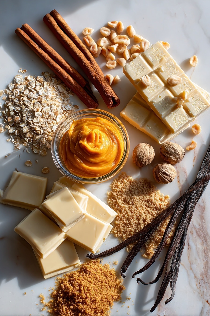 Flat lay of fresh orange pumpkin puree in a small glass bowl, chunks of creamy white chocolate bars with smooth texture, whole toasted macadamia nuts with golden brown color, light brown graham cracker crumbs scattered naturally, soft cream cheese block with a velvety surface, a small pile of fine brown sugar crystals, fresh whole vanilla pods with dark glossy skin, scattered cinnamon sticks with rich reddish-brown hues, and a few whole nutmeg seeds with rough textured shells, all beautifully arranged in an inviting composition placed on white marbled surface, photo taken with an iphone --ar 2:3 --v 7 - Pumpkin White Chocolate Mousse Pie, fall dessert recipes, easy pumpkin pie, white chocolate dessert, creamy pumpkin mousse