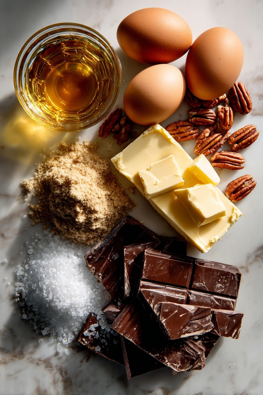 Flat lay of coarsely chopped dark brown pecans in warm amber tones, irregular chunks of rich dark chocolate with a deep glossy finish, soft golden brown butter cubes beginning to soften, fluffy light and dark brown granules of brown sugar, smooth pale yellow eggs with a delicate shell hint, a small glass of amber bourbon reflecting light with warm golden hues, translucent golden light corn syrup glistening slightly, and a small cluster of flaky white sea salt crystals sparkling subtly, all beautifully arranged with natural textures and colors that contrast and complement each other, placed on white marbled surface, photo taken with an iphone --ar 2:3 --v 7 - Salted Chocolate Pecan Pie Bars, pecan pie bars with chocolate and sea salt, easy pecan and chocolate bar dessert, decadent pecan bars with salt, sweet and salty chocolate pecan bars
