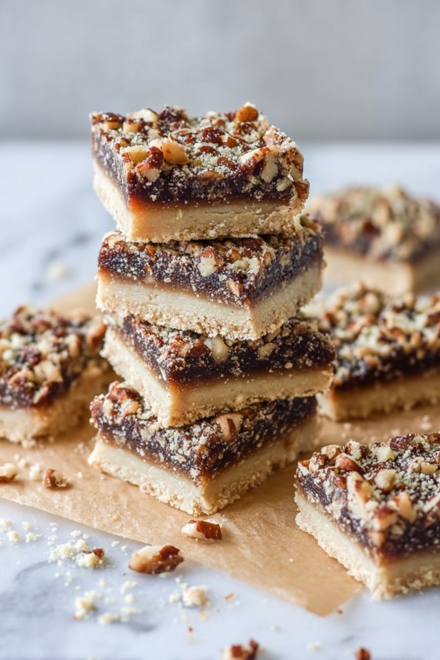 The image shows several square dessert bars placed on parchment paper over a white marbled surface. Each bar has two layers: a thin, light beige bottom layer that looks crumbly and soft, and a thick, dark brown top layer with a rough texture filled with small pieces of nuts, likely pecans. The top layer appears slightly crunchy and speckled with a dusting of powdered sugar. Some bars are stacked or leaning on each other, while one is turned sideways to show the layers clearly. Photo taken with an iphone --ar 2:3 --v 7 - Salted Chocolate Pecan Pie Bars, pecan pie bars with chocolate and sea salt, easy pecan and chocolate bar dessert, decadent pecan bars with salt, sweet and salty chocolate pecan bars