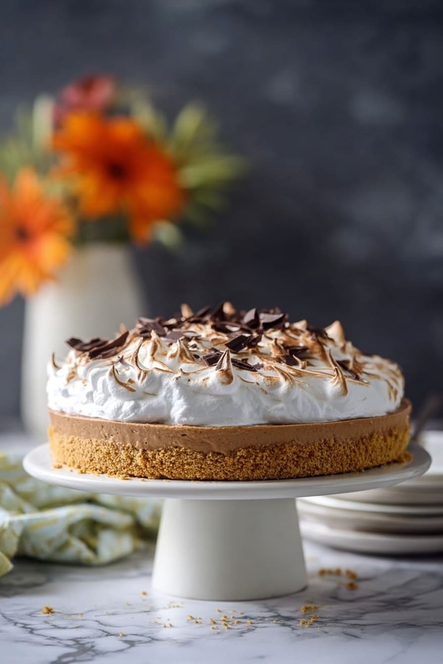 This image shows a three-layer pie on a white cake stand. The bottom layer is a thick, crumbly golden crust. The middle layer is a smooth, light brown filling. The top layer is a fluffy white meringue with soft toasted spots of light brown. There are small shavings of dark chocolate sprinkled over the meringue. The background has a dark, soft texture and some blurred orange and green flowers in a white vase. The surface under the cake stand is a white marbled texture photo taken with an iphone --ar 2:3 --v 7 - Black Bottomed Pumpkin Pie with Marshmallow Frosting, pumpkin pie with chocolate crust, festive pumpkin dessert, marshmallow frosting pumpkin pie, layered pumpkin pie recipe