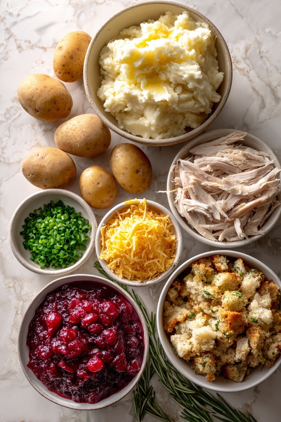 Flat lay of small to medium russet potatoes with rough brown skins, a heap of creamy leftover mashed potatoes in soft white tones, shredded golden-brown roasted turkey pieces, moist and textured bread stuffing in warm beige and brown shades, sharp white cheddar cheese grated finely with a pale yellow tint, vibrant deep red cranberry sauce glistening with a glossy surface, and bright green sliced chives adding a fresh touch, all naturally arranged in loose clusters and gentle piles to show their textures and colors, placed on white marbled surface, photo taken with an iphone --ar 2:3 --v 7 - Thanksgiving Potato Skins with Turkey, Leftover Thanksgiving Dinner Ideas, Turkey and Stuffing Potato Skins, Cranberry Sauce Potato Skins, Holiday Leftover Appetizers