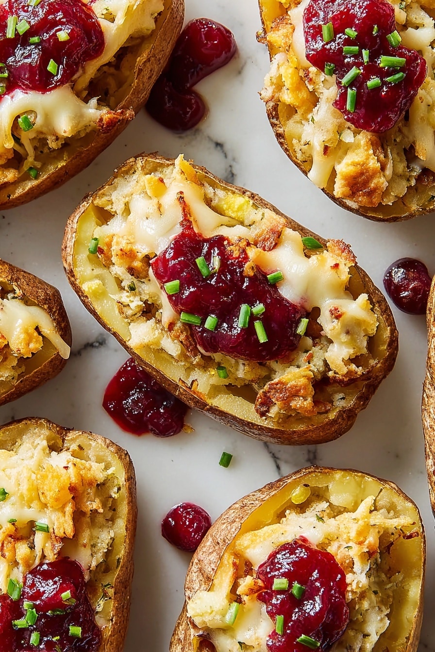 The image shows several potato halves arranged close to each other on a white marbled surface. Each potato half has three main layers: the bottom layer is the golden-brown roasted potato skin, the middle layer is creamy mashed potato mixed with small brainy chunks of stuffing in light brown and yellowish colors, and the top layer consists of melted white cheese with a bright red dollop of thick cranberry sauce spread unevenly over it. Small pieces of chopped green chives are sprinkled on top, adding a fresh color contrast to the dish. Some cranberry sauce has dripped onto the white marbled surface around the potatoes. photo taken with an iphone --ar 2:3 --v 7 - Thanksgiving Potato Skins with Turkey, Leftover Thanksgiving Dinner Ideas, Turkey and Stuffing Potato Skins, Cranberry Sauce Potato Skins, Holiday Leftover Appetizers